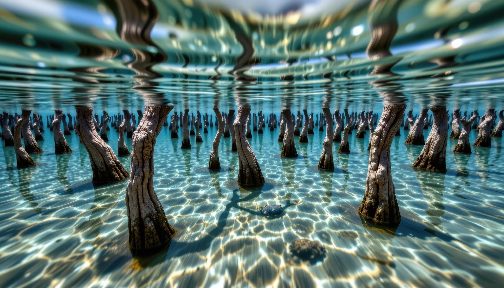 a sunken forest of petrified trees submerged in clear lake water, their trunks reaching toward the surface. photo