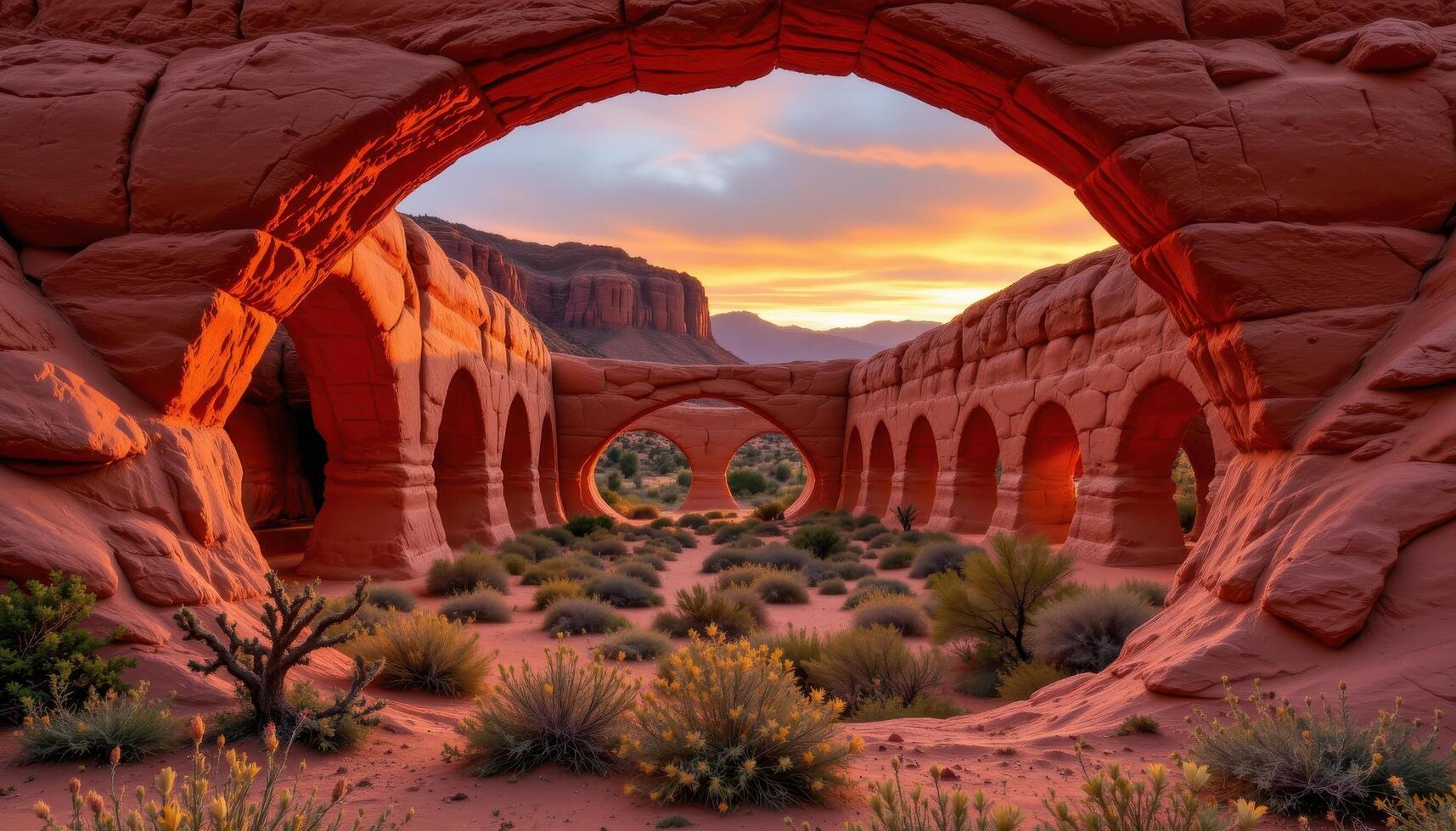 a labyrinth of sandstone arches glowing red orange in the evening sun, surrounded by desert brush. photo
