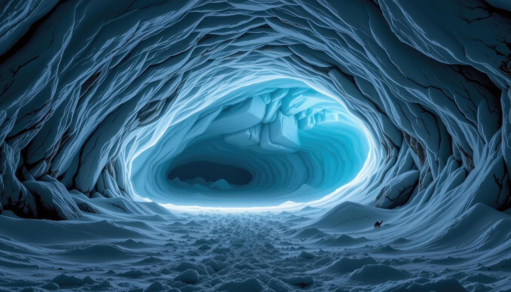 a cavernous ice cave glowing faint blue from light filtering through frozen walls. photo