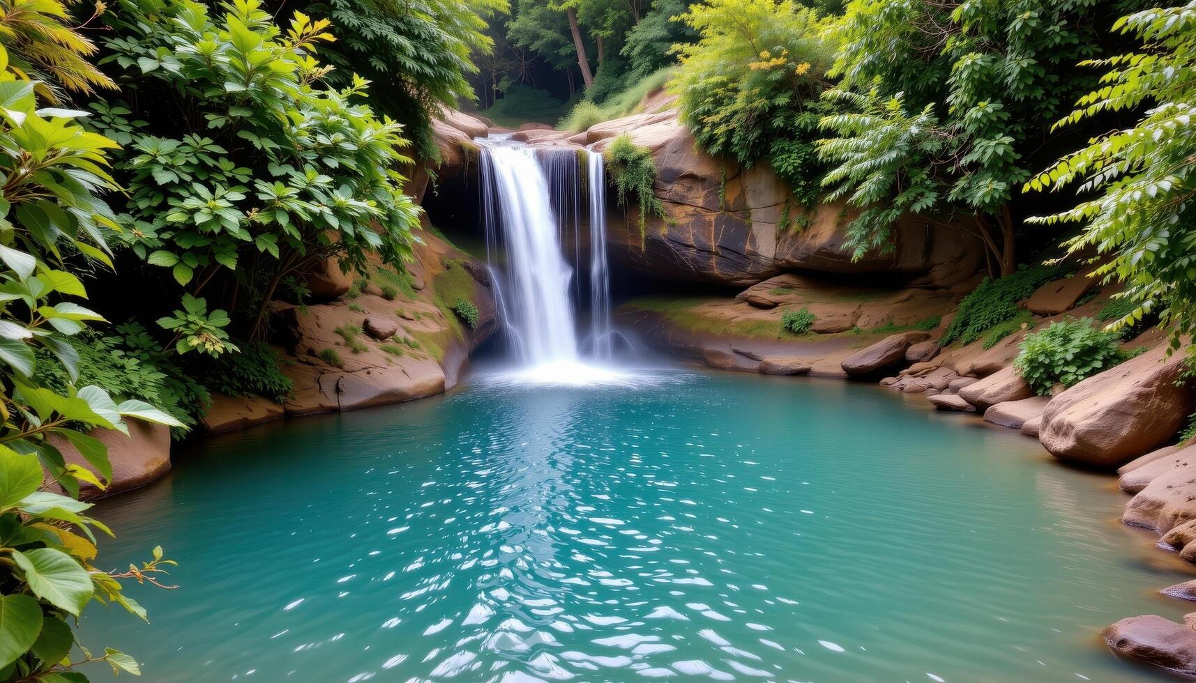 a secluded waterfall plunging into a deep turquoise pool surrounded by lush greenery. photo