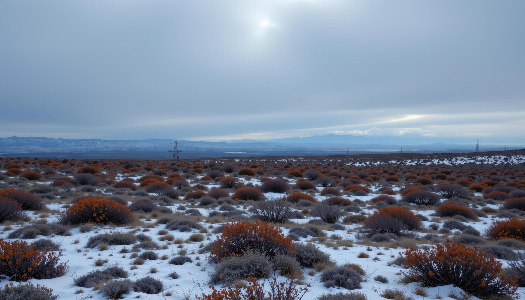 a windswept tundra dotted with hardy shrubs and patches of snow beneath a low gray sky. photo