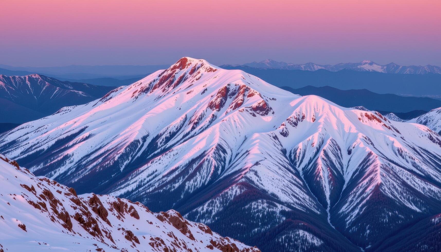 a mountain ridge covered in fresh snow and bathed in soft pink dawn light. photo