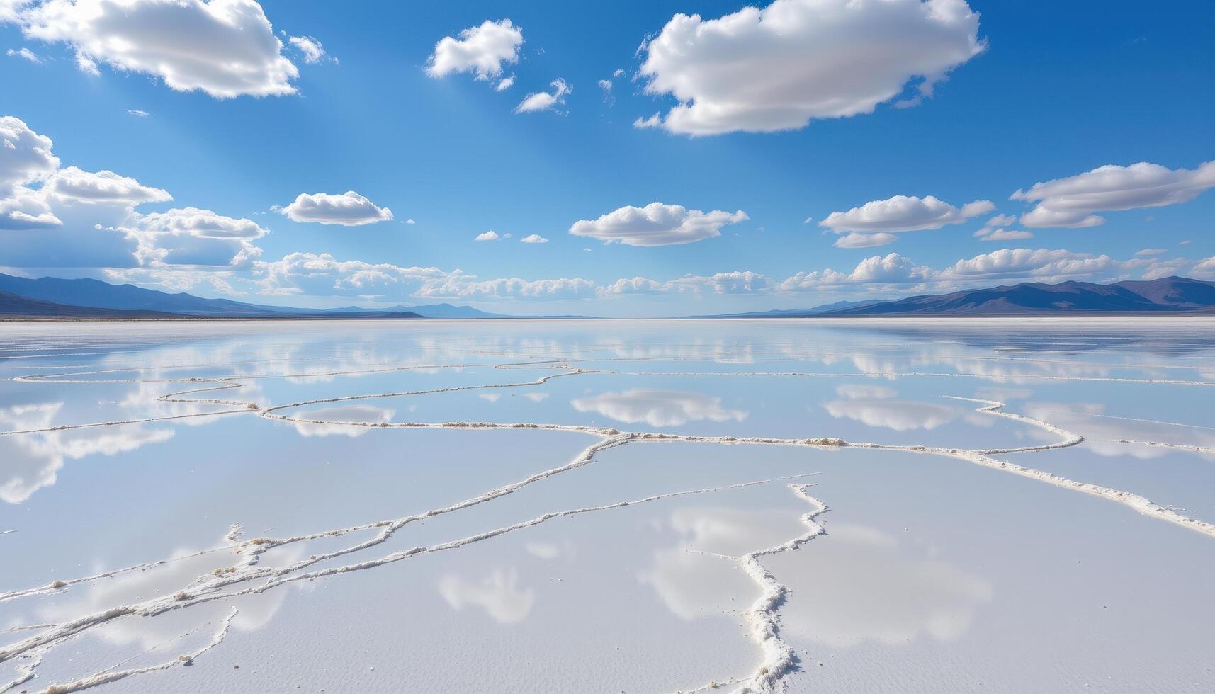 a broad salt flat stretching to the horizon under a clear sky, reflecting clouds like a mirror. photo
