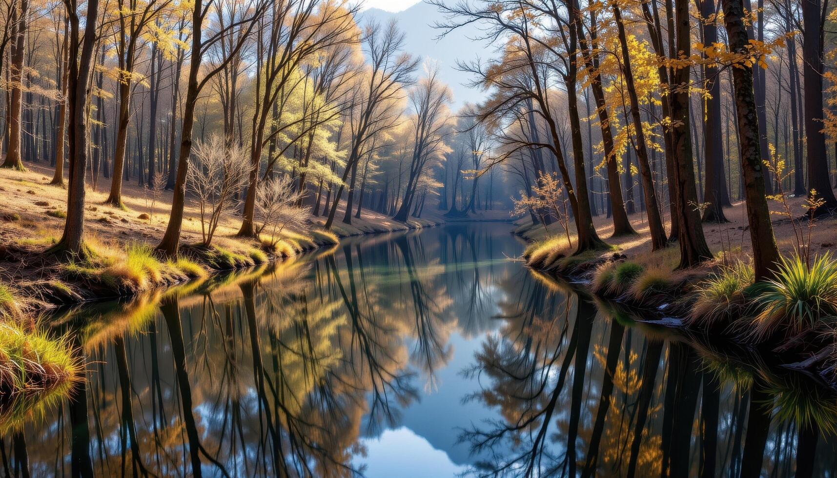 a quiet river winding through a dense forest with reflections of tall trees on the calm surface. photo