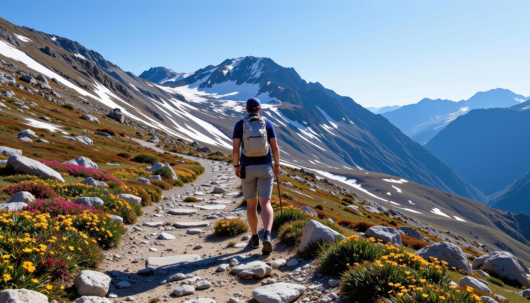 a rocky mountain path winding through patches of snow and alpine vegetation under a clear blue sky. photo