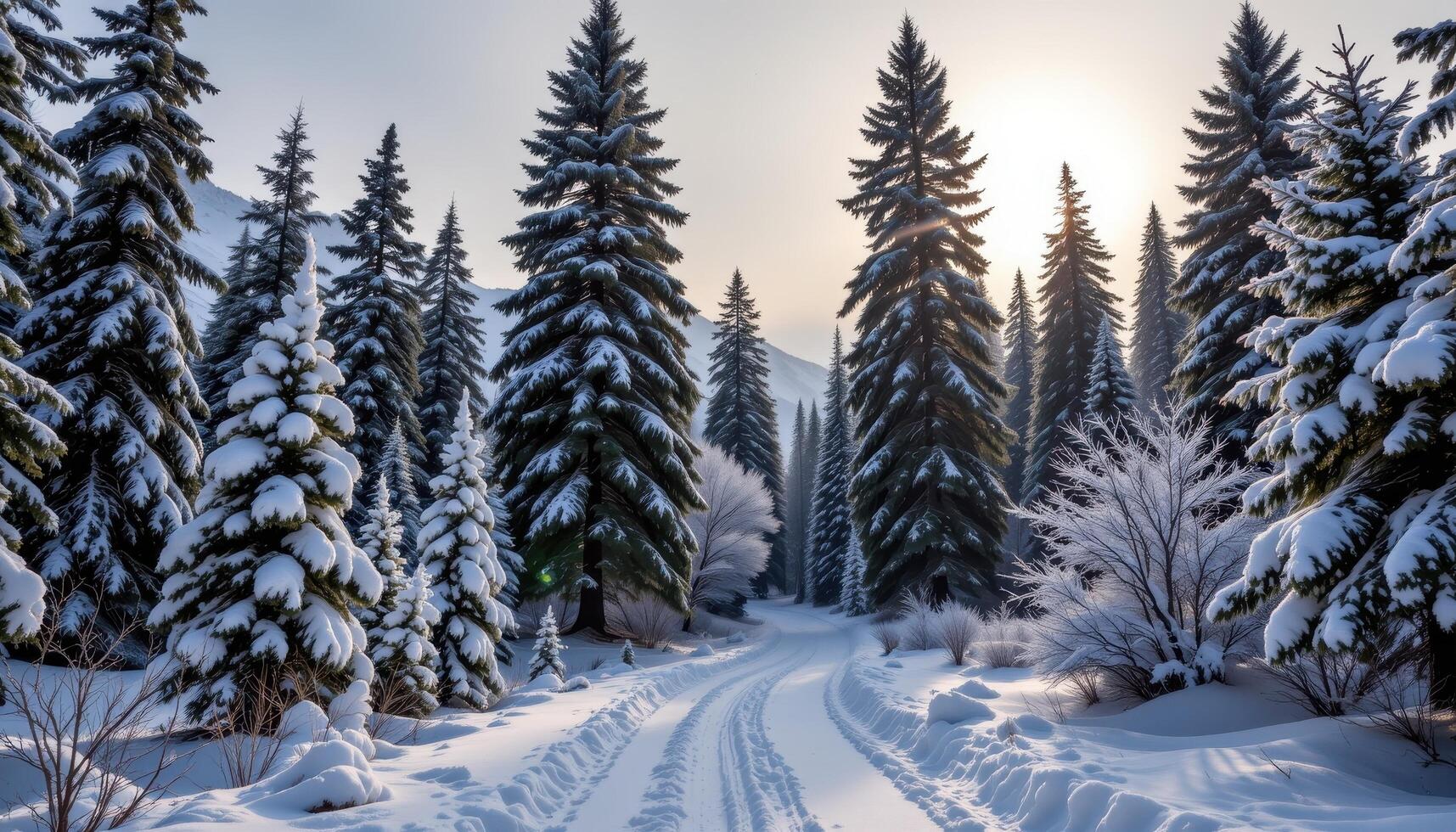 a snow covered forest path winding through tall fir trees under a pale winter sun. photo