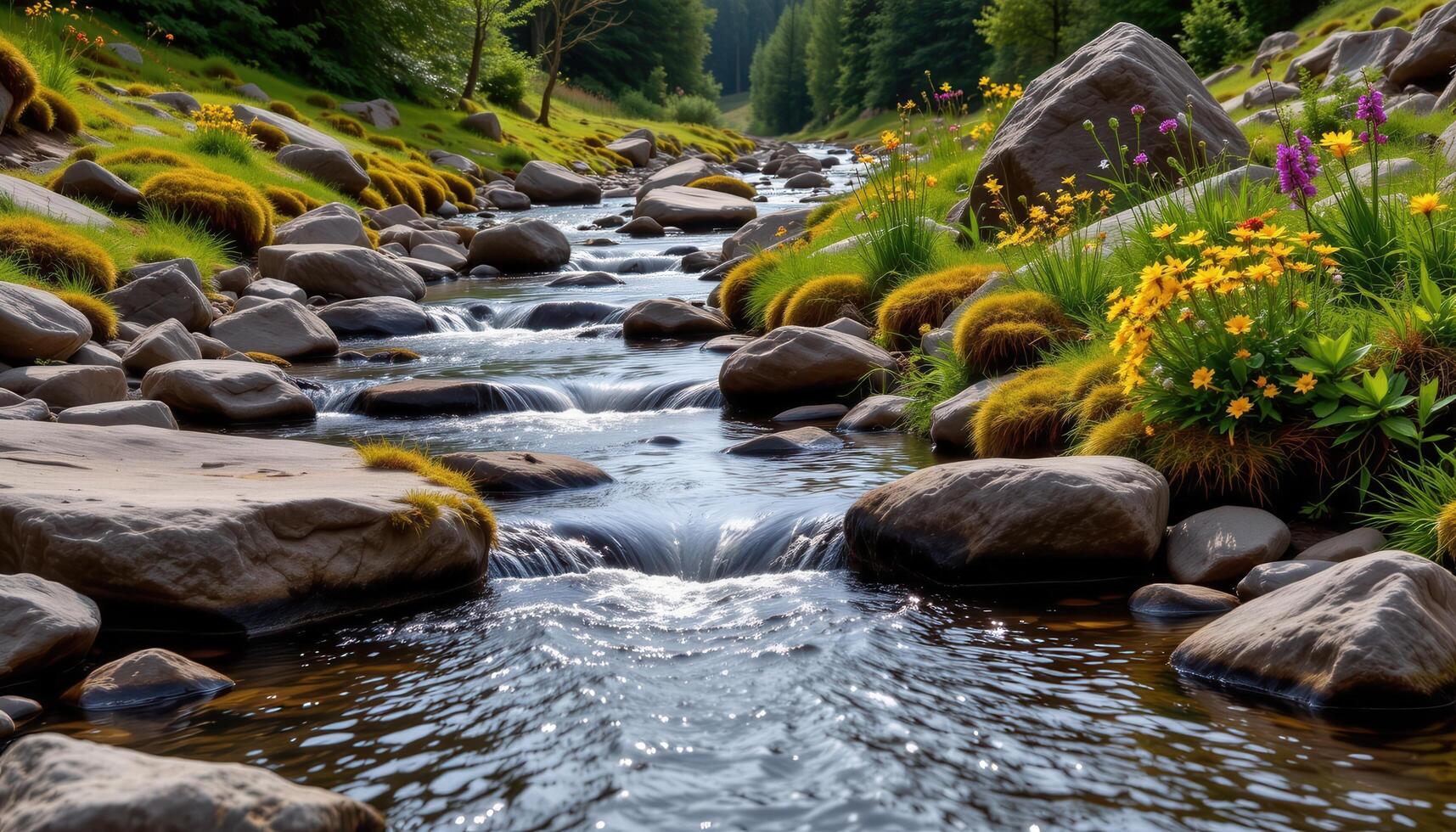 a calm mountain stream bordered by moss covered rocks and wildflowers. photo