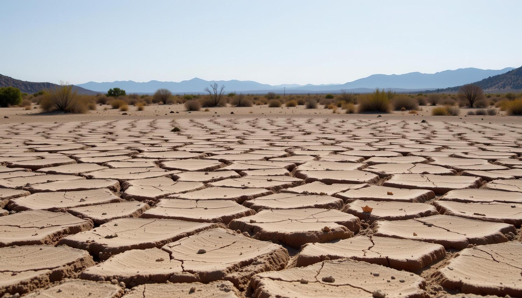 a dry desert basin filled with cracked mud and scattered desert shrubs beneath a clear sky. photo