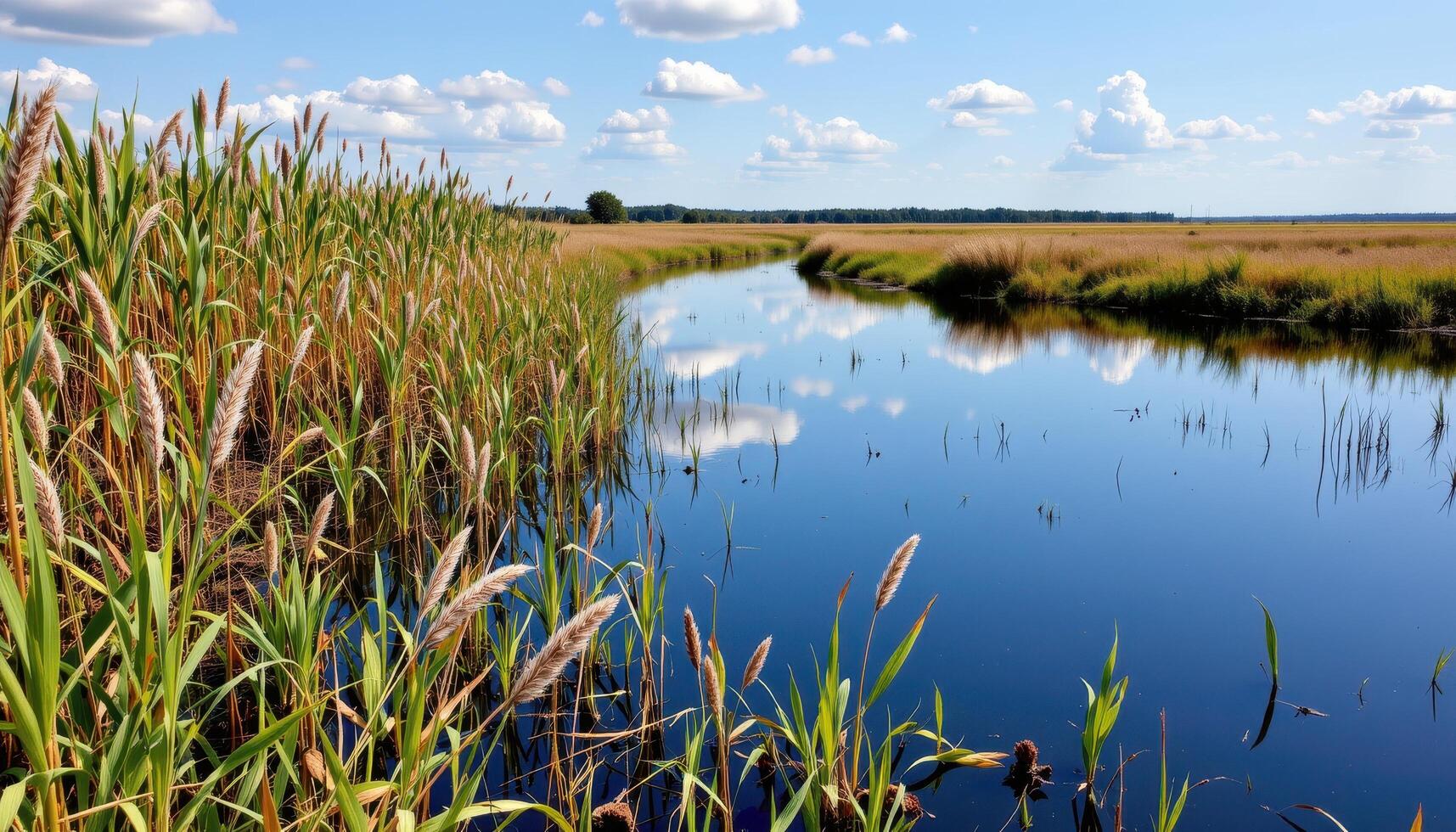a coastal marsh filled with tall reeds and mirror like water reflecting the sky. photo