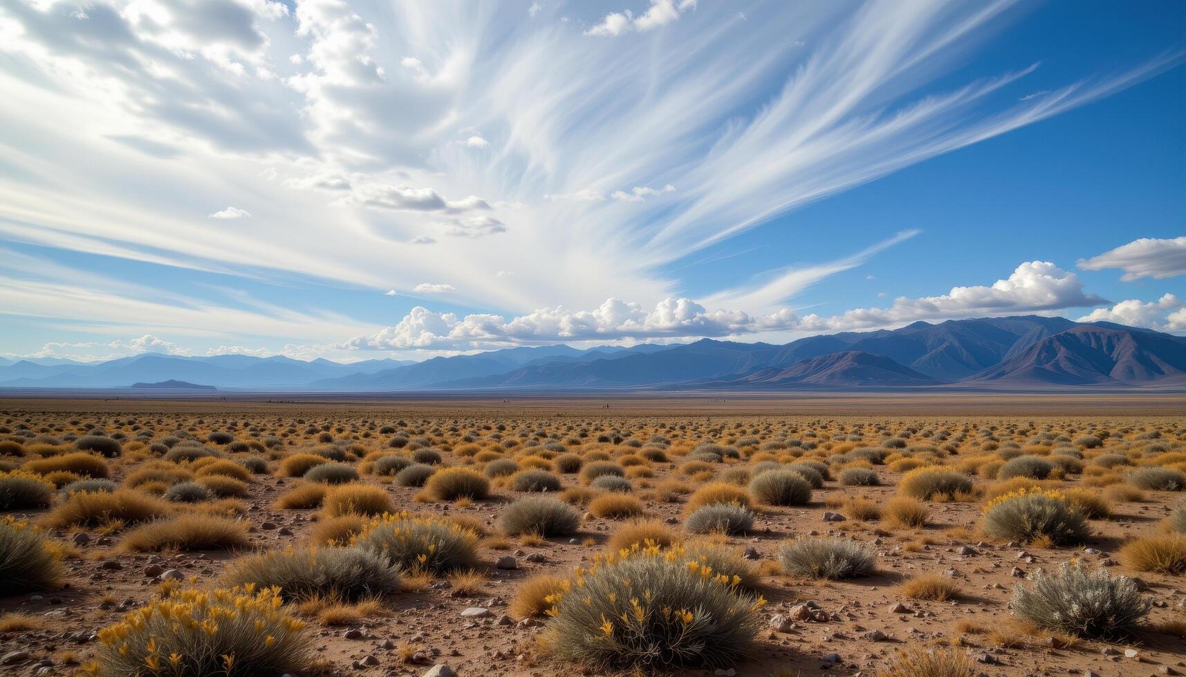 a windswept plateau with sparse vegetation and distant mountain ranges under a vast sky. photo