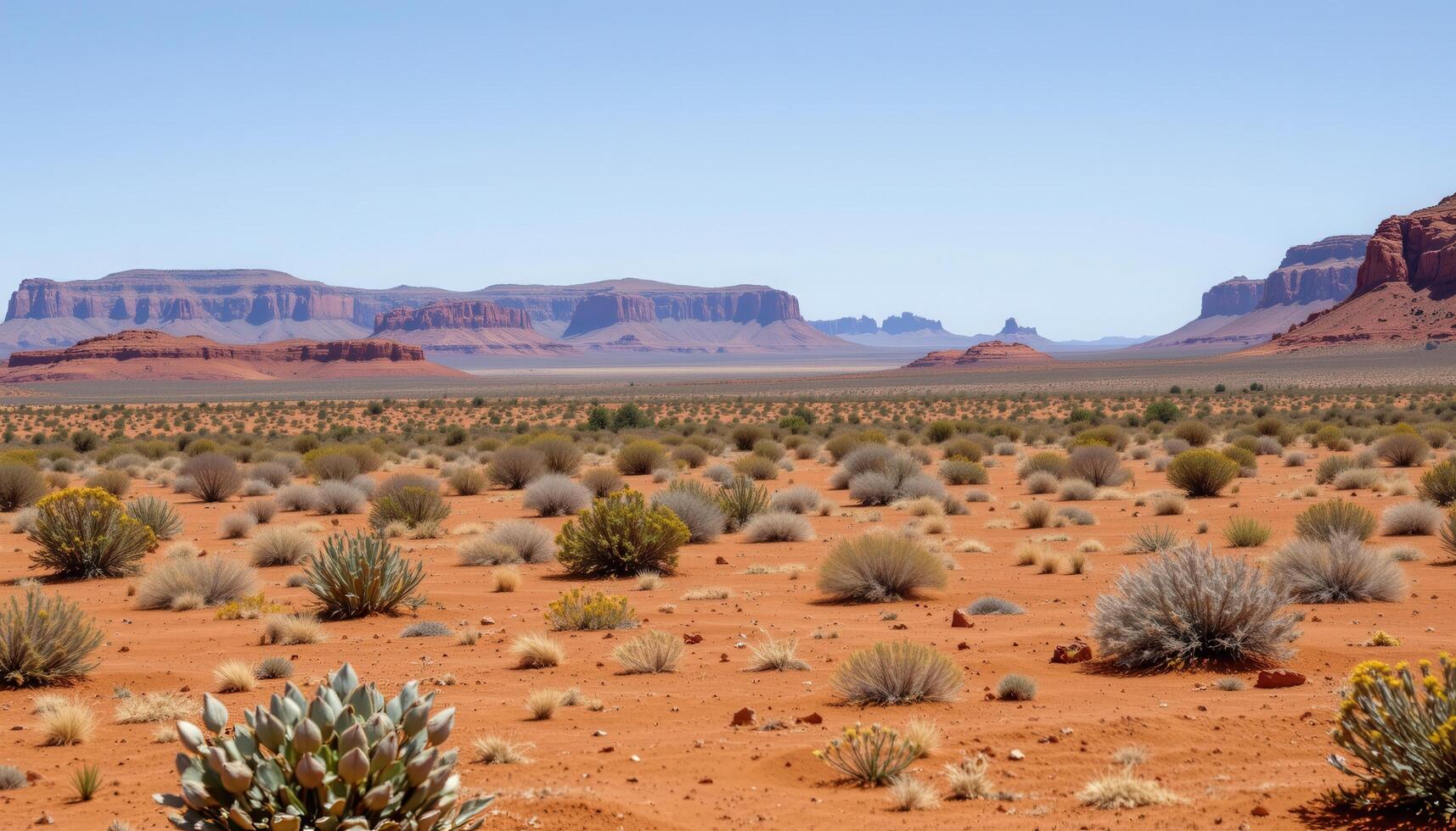 a desert plain dotted with small shrubs and distant red rock formations under a clear sky. photo