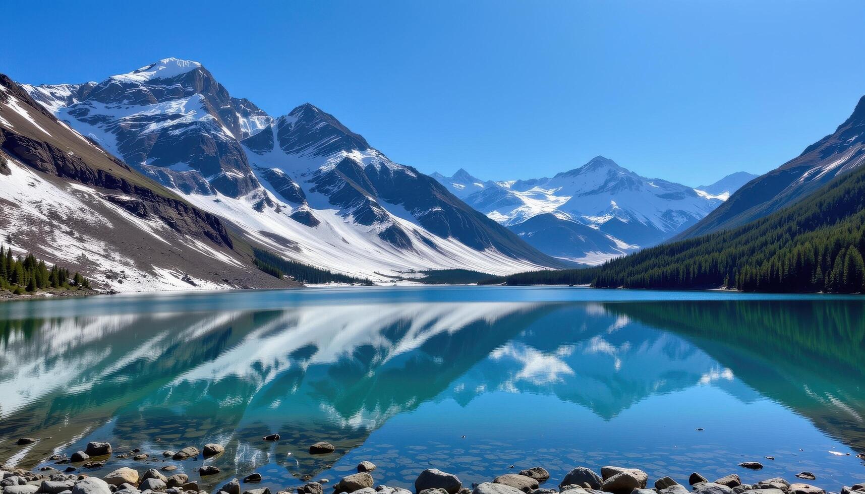 a mountain lake reflecting snow covered peaks and a brilliant blue sky. photo