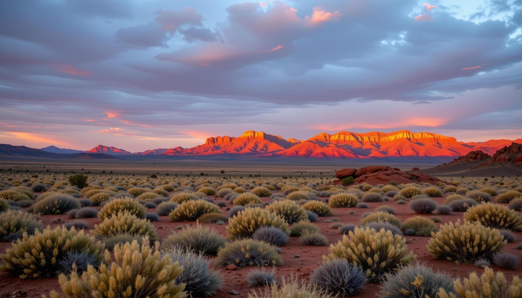 a desert plain dotted with sagebrush and glowing mesas under warm sunset light. photo
