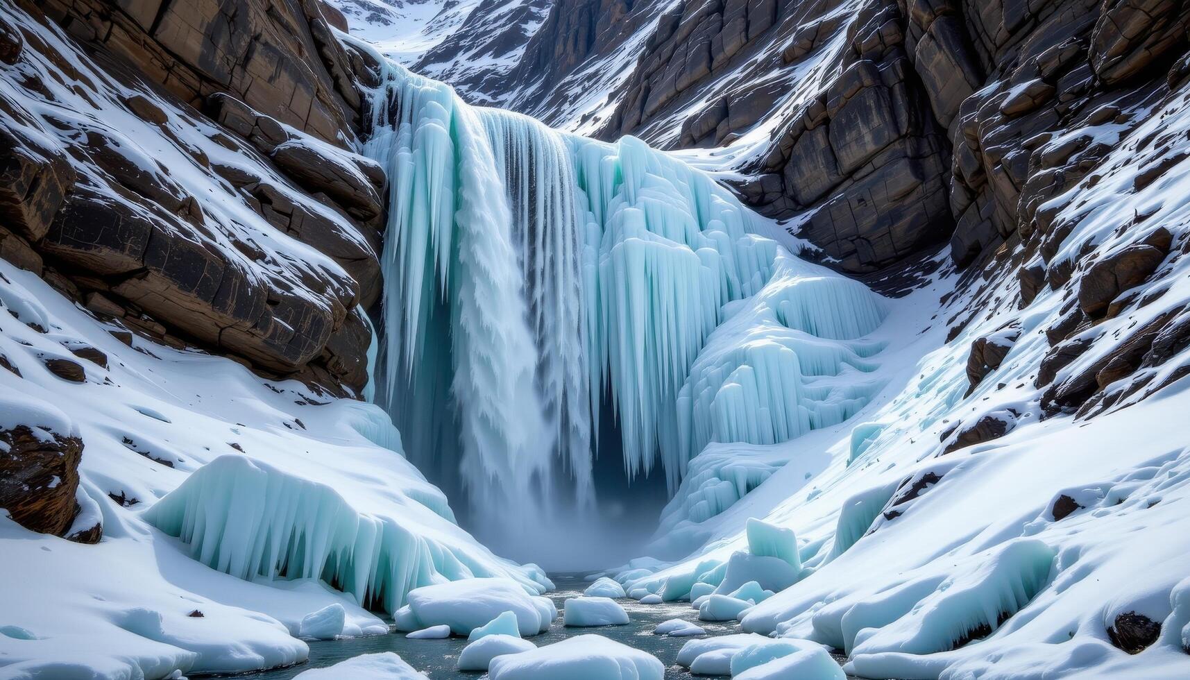 a frozen waterfall cascading over jagged ice formations in a shaded mountain gorge. photo