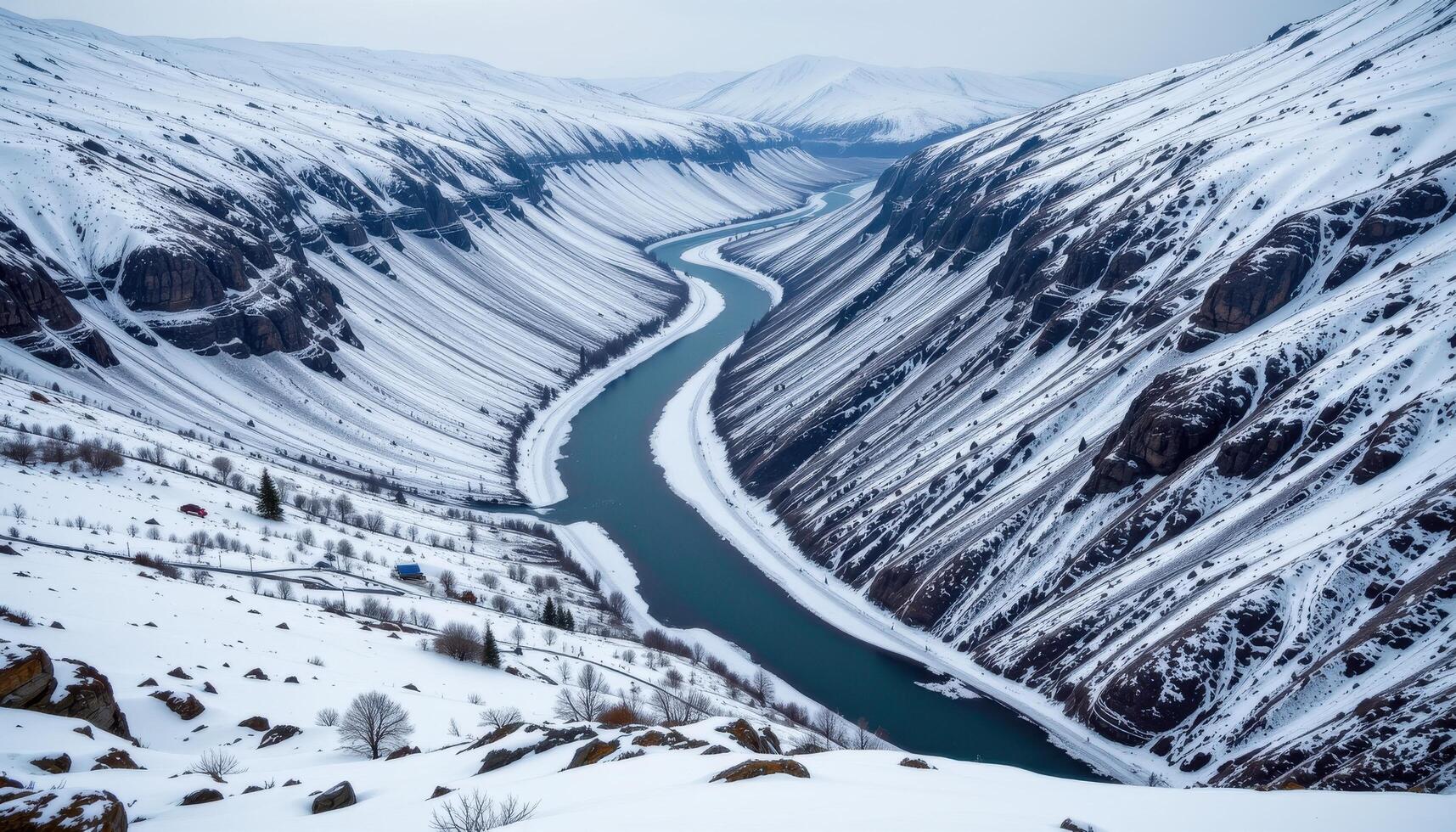 a frozen river winding through a deep valley surrounded by snow covered slopes. photo