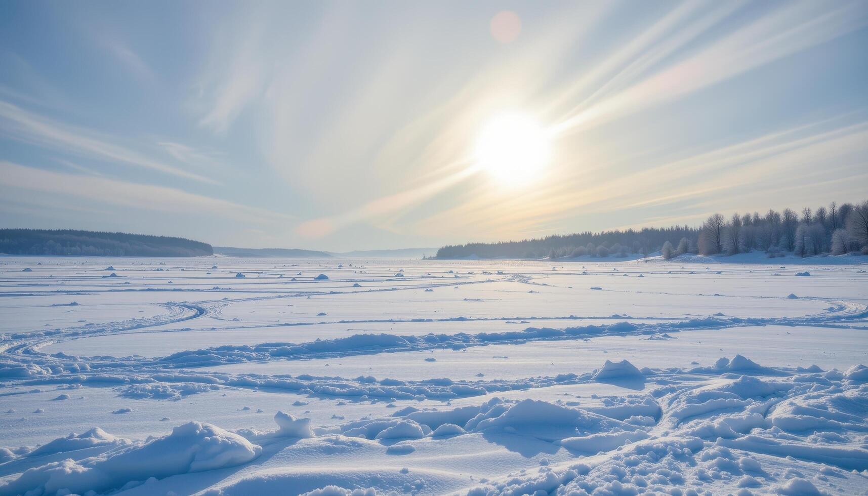 a frozen tundra stretching endlessly beneath a pale winter sun and swirling snowflakes. photo