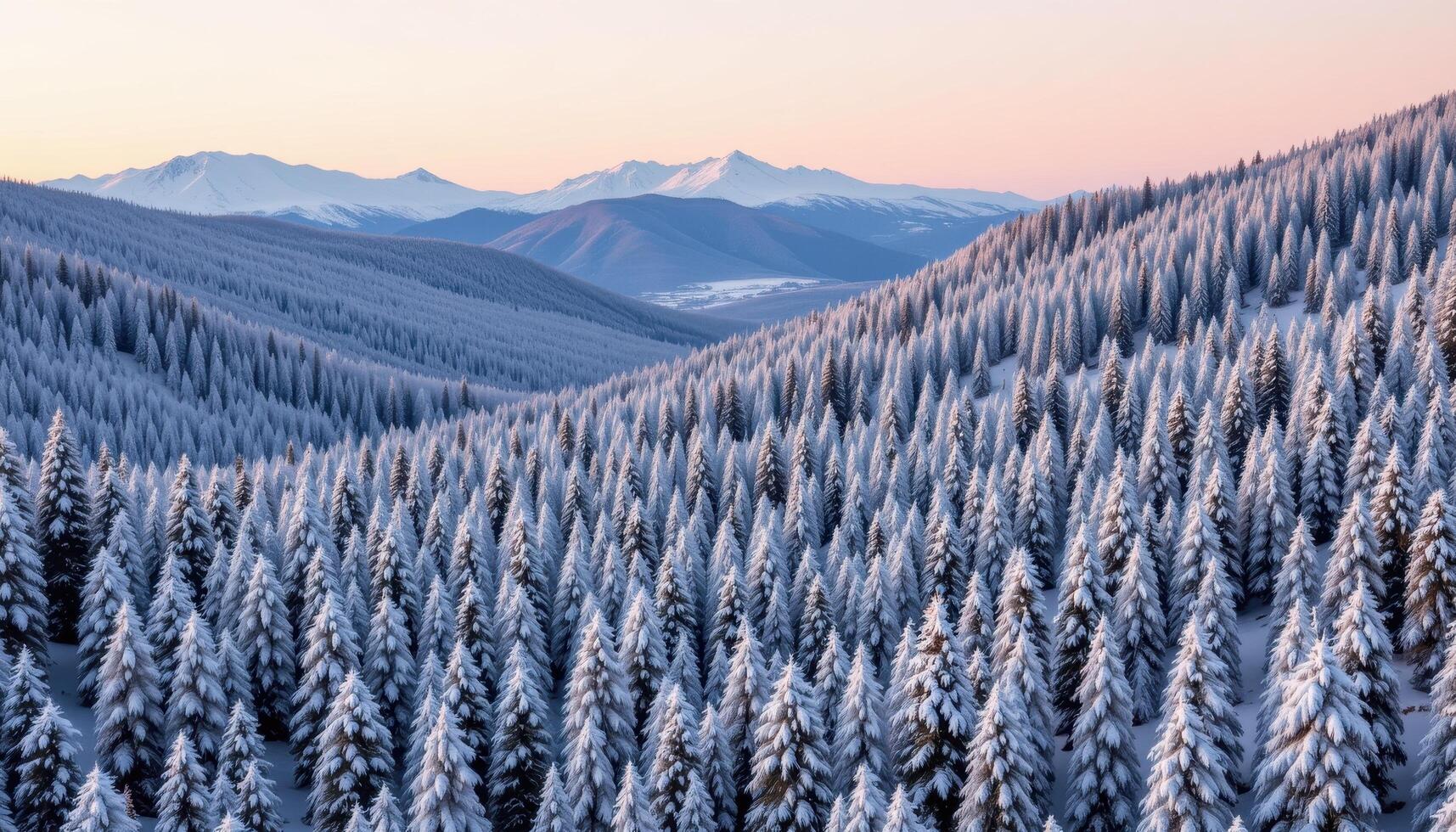 a dense alpine forest blanketed with fresh snow under a pale winter sky. photo