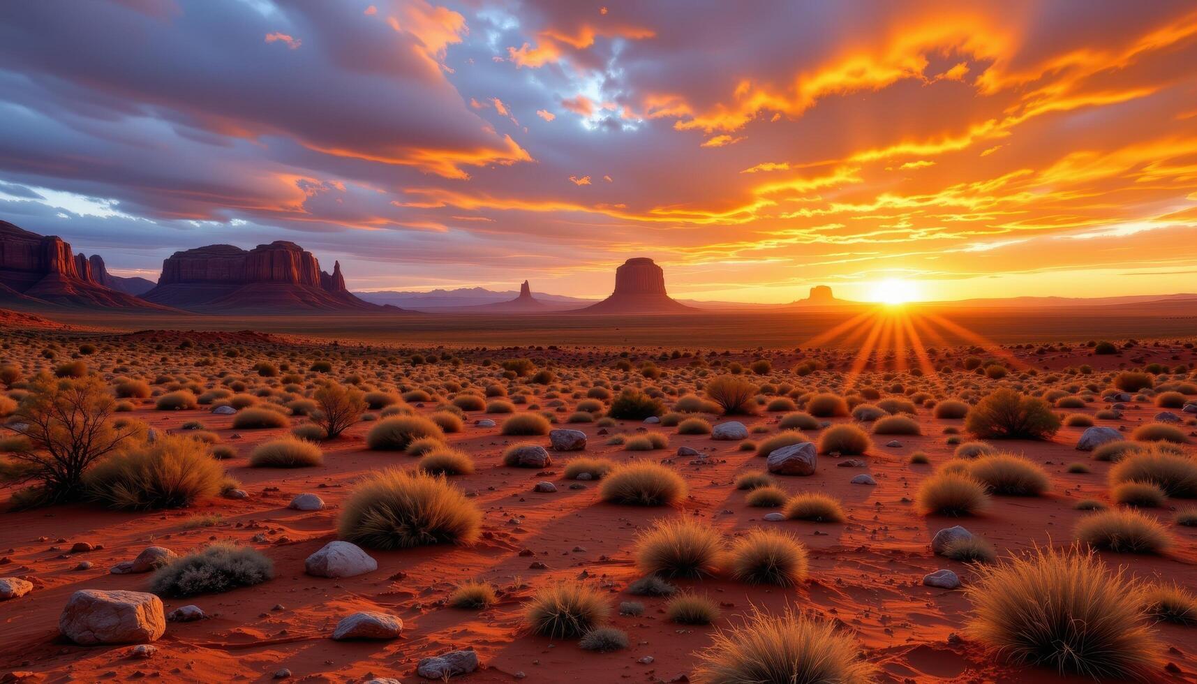 a vast desert plain with scattered boulders and distant rocky mesas silhouetted by sunset. photo