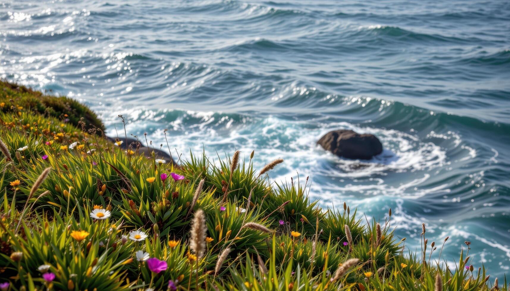a coastal bluff covered with wild grasses and scattered wildflowers overlooking a churning sea. photo