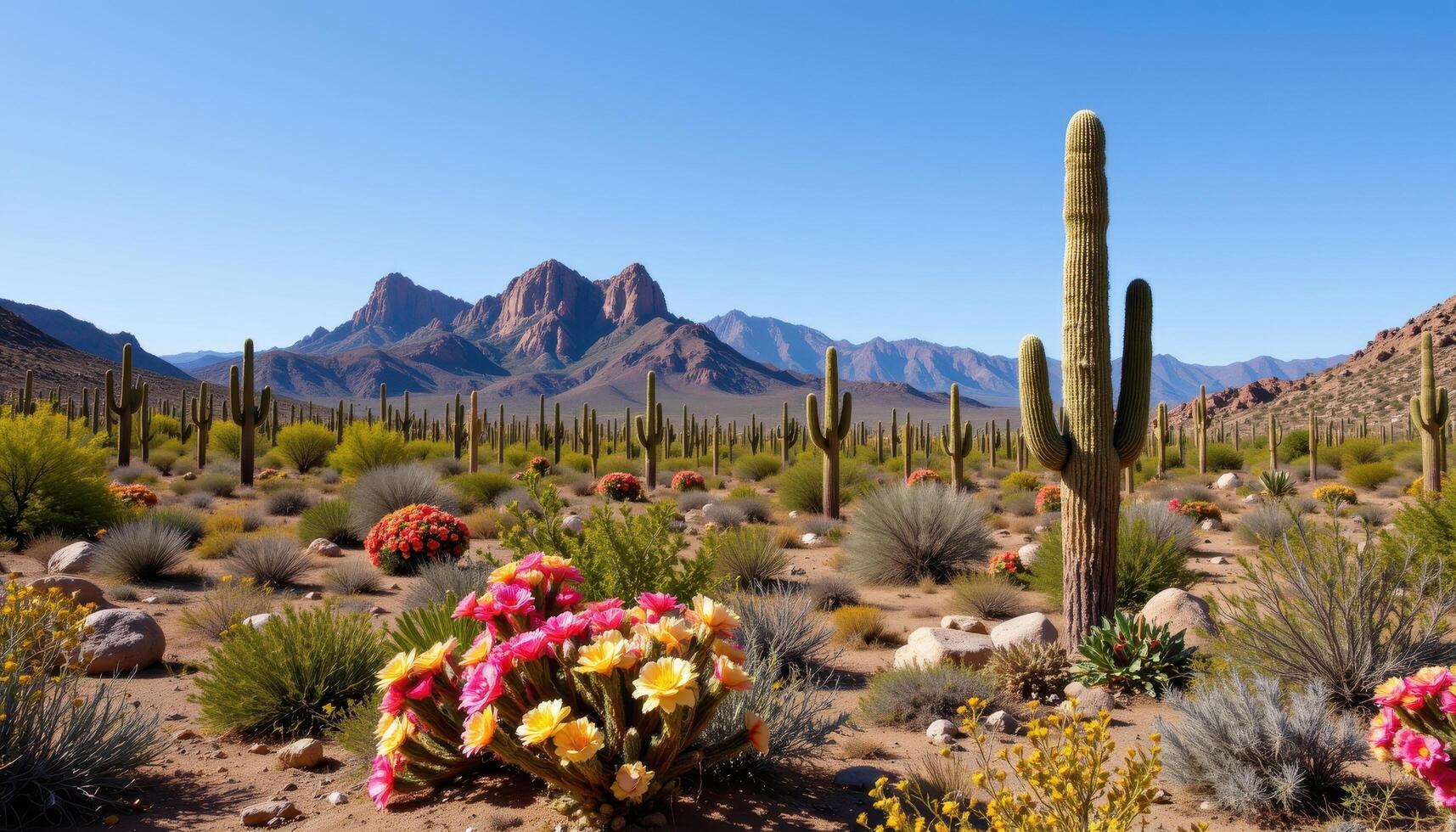 a desert landscape filled with blooming cacti and scattered rock formations beneath a clear sky. photo