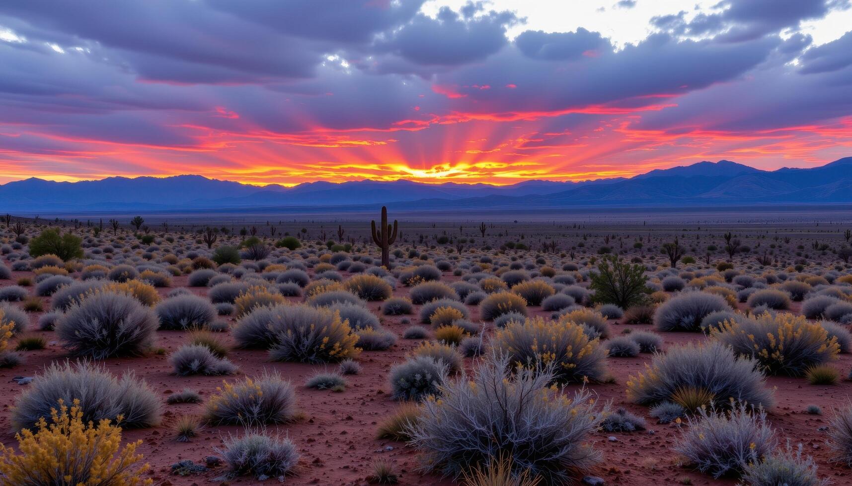 a desert plain scattered with sagebrush and distant mesas glowing under a fiery sunset. photo