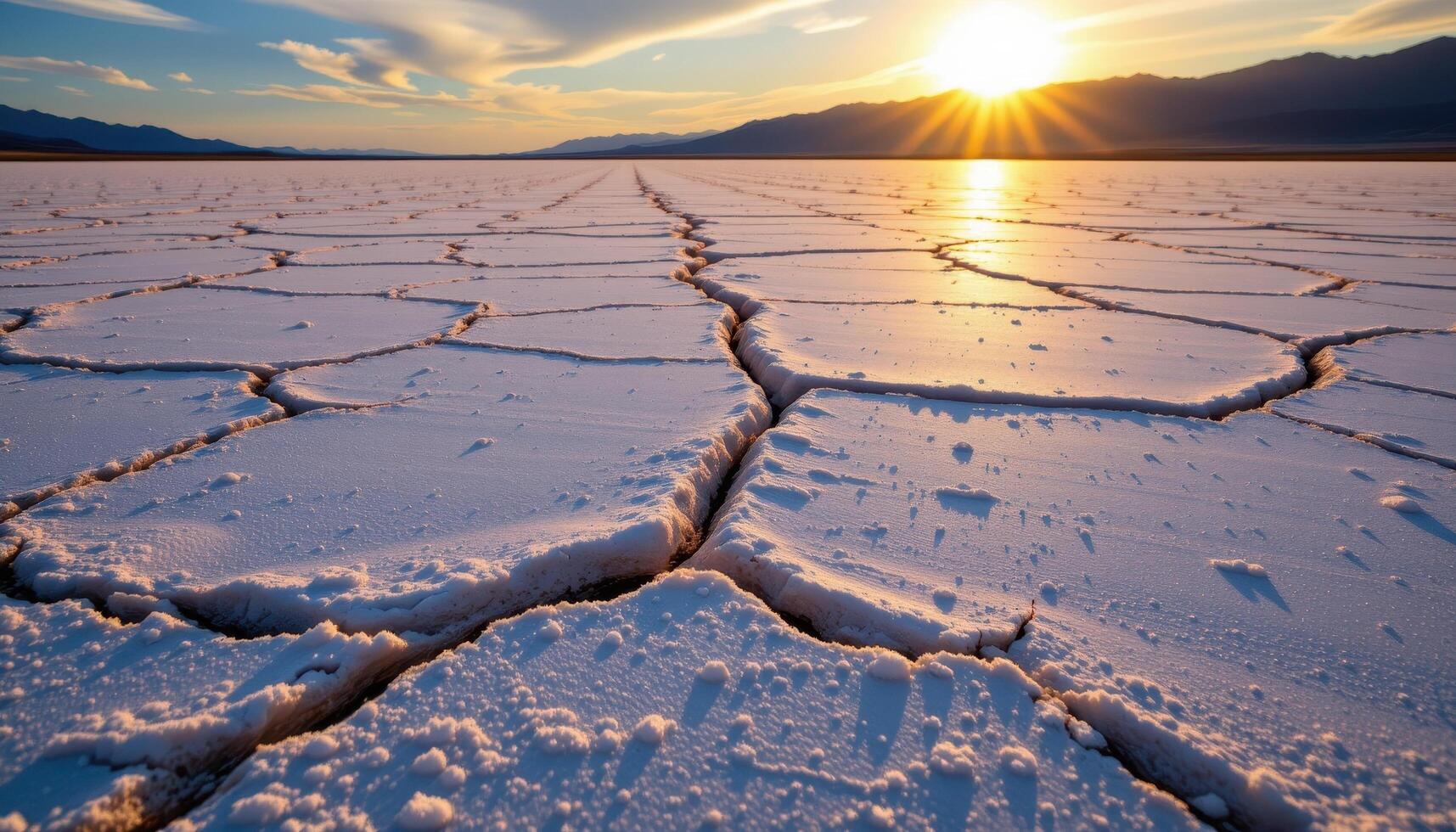 a broad salt flat cracked into intricate patterns and reflecting the late afternoon sun. photo