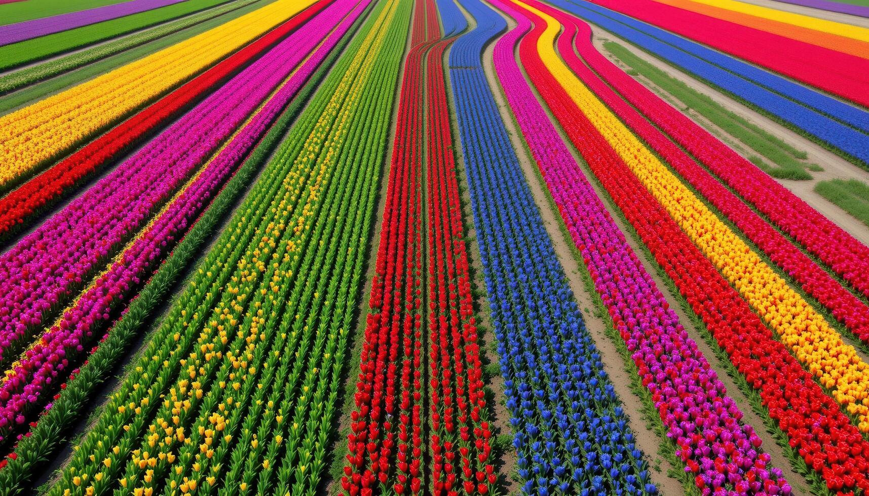 a drone's eye view of tulip fields arranged in perfect rows of rainbow colors, stretching across dutch farmland. photo