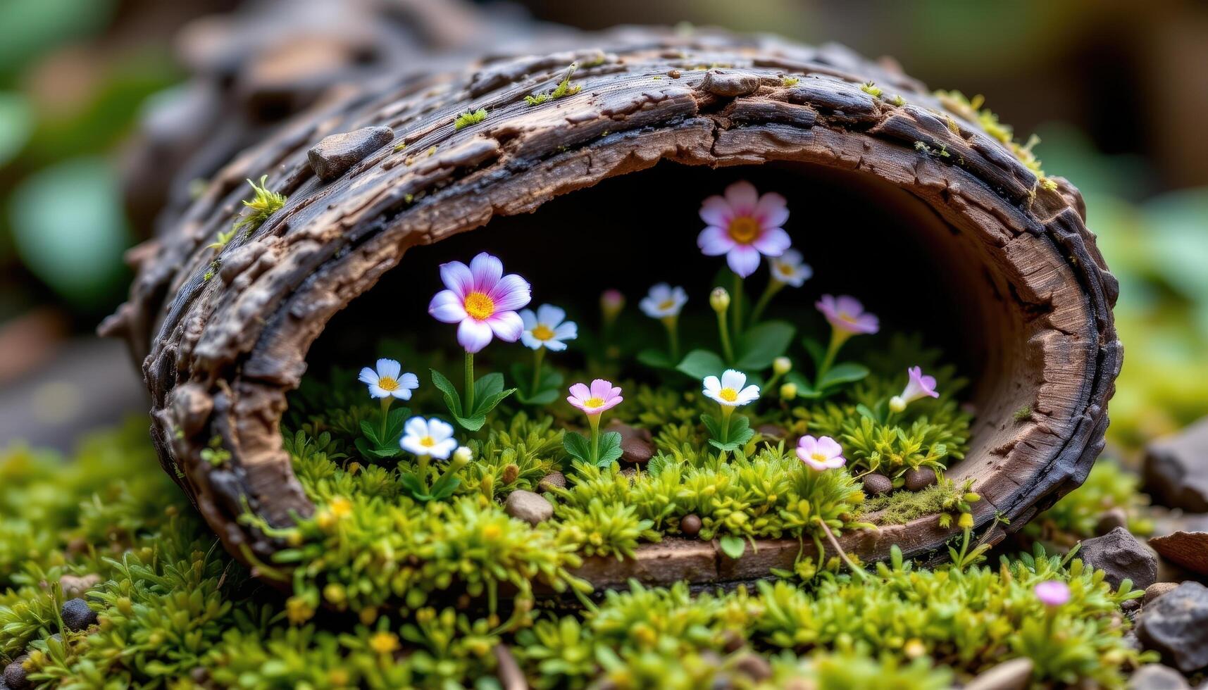 a micro garden created in the hollow of an old tree trunk, filled with miniature flowering moss and blossoms. photo