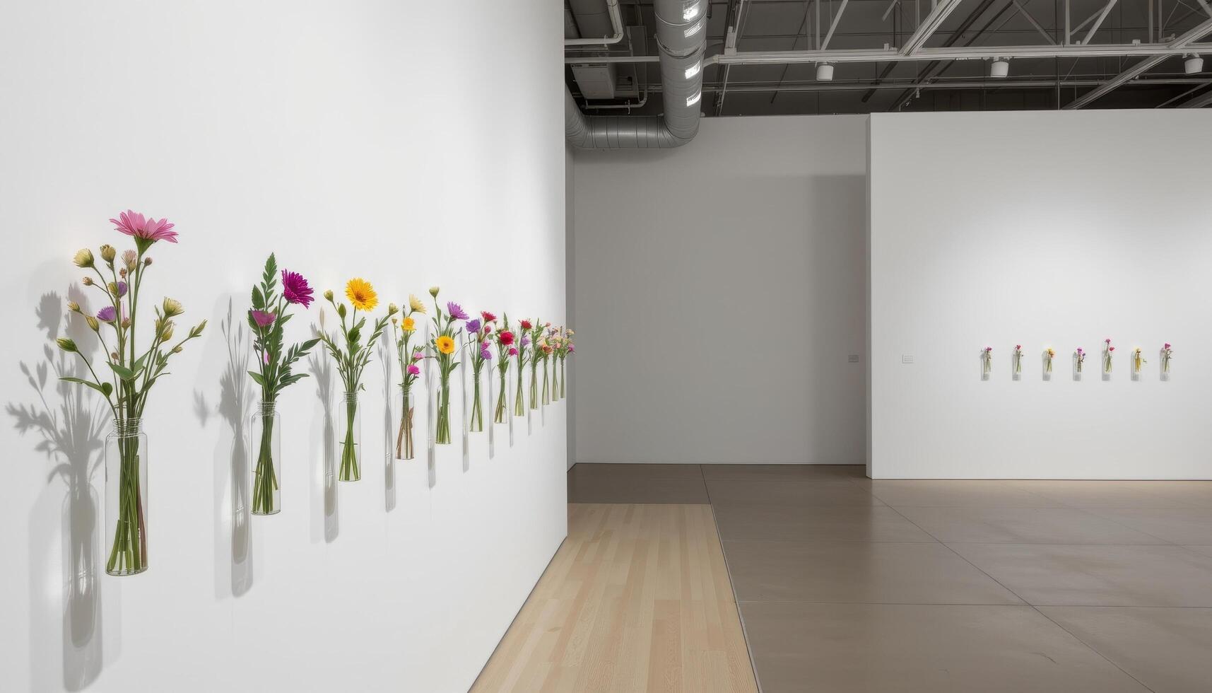 a minimalist art installation with single stem flowers displayed in clear vials along a stark white gallery wall. photo