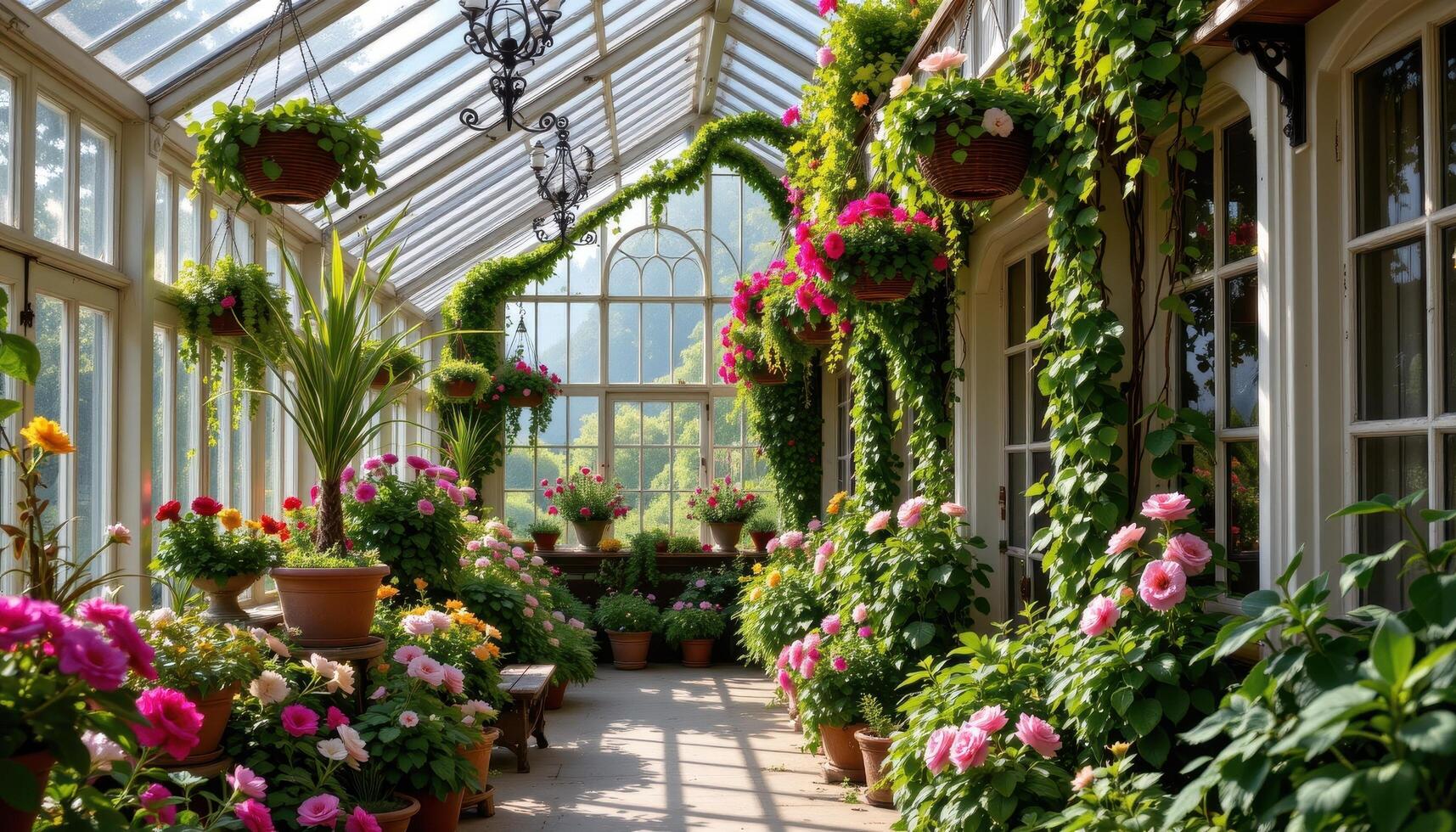 a victorian style greenhouse overflowing with hanging flower baskets and climbing vines, light filtering through old glass panes. photo