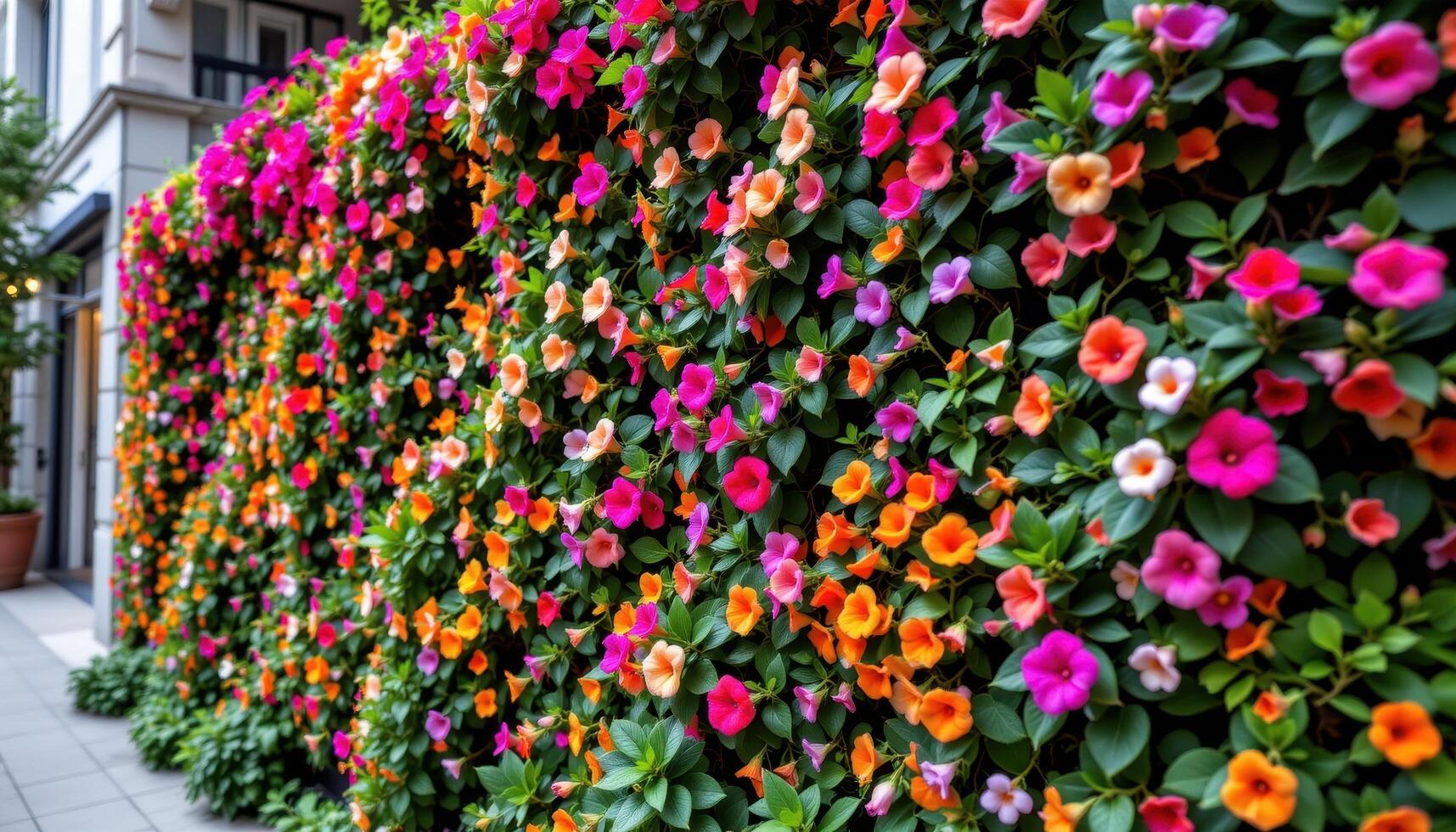 a lush vertical garden on a city wall overflowing with tropical flowers in brilliant pinks, oranges, and purples photo