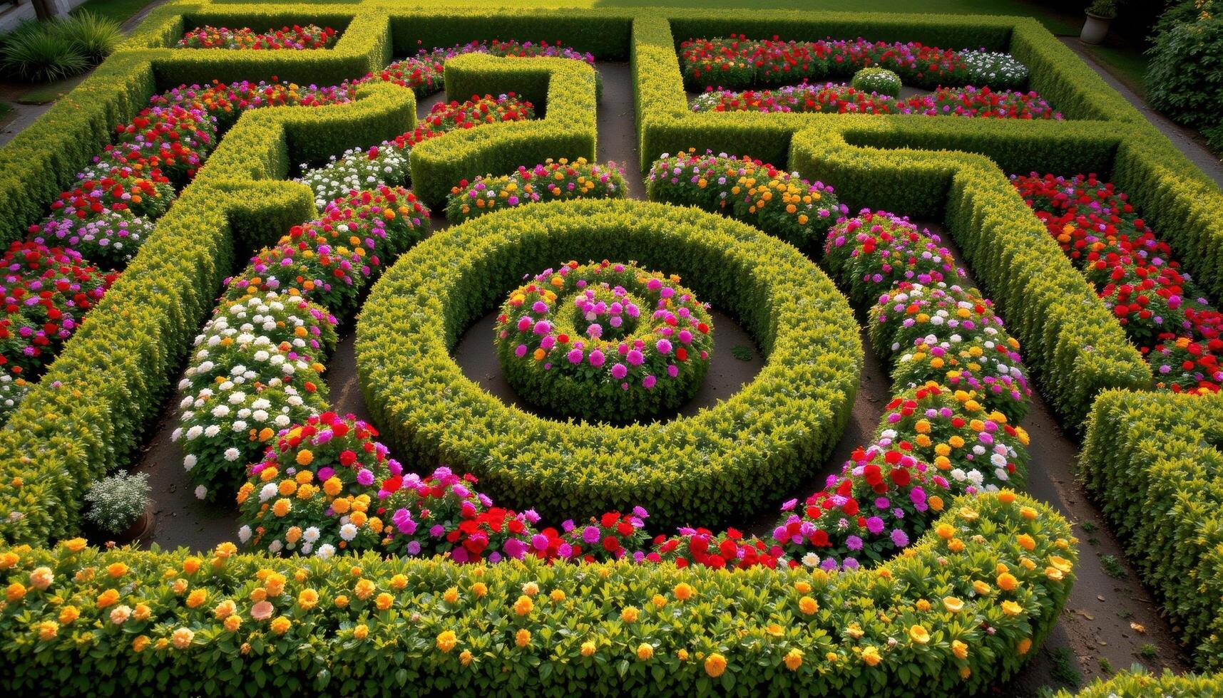 a garden maze made entirely of flowering hedges, viewed from above to highlight the intricate floral patterns. photo