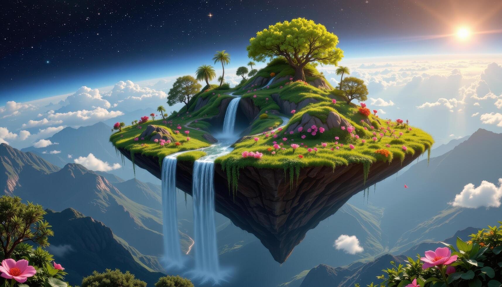 a surreal floating island with waterfalls flowing into space, covered in lush greenery and blooming exotic flora. photo