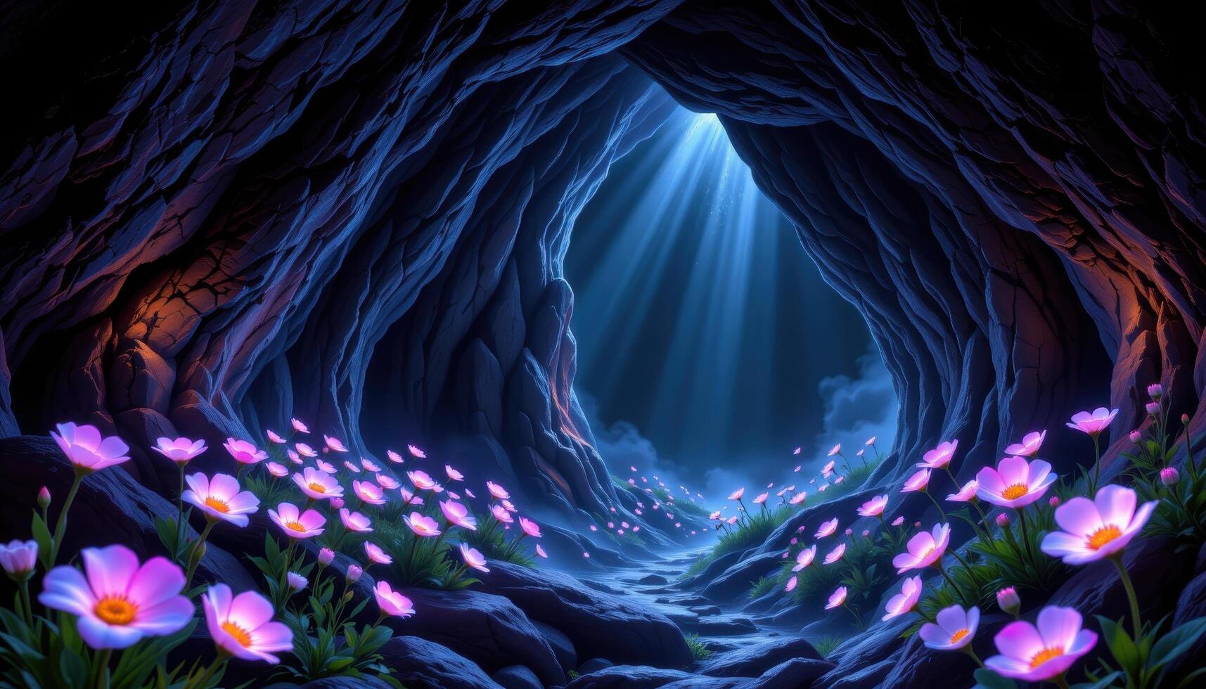 a mysterious cave interior where phosphorescent flowers glow softly, illuminating the dark crystalline walls. photo