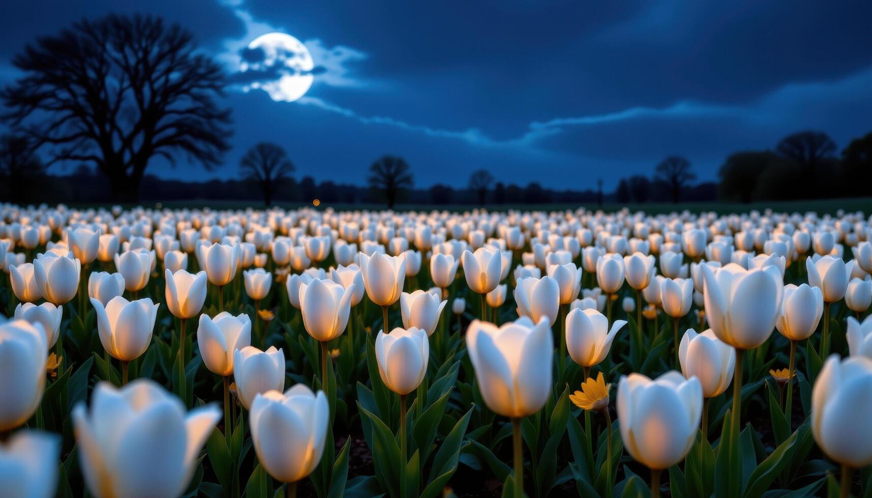 a moonlit field of white tulips glowing with a subtle iridescence beneath a deep blue starry sky. photo