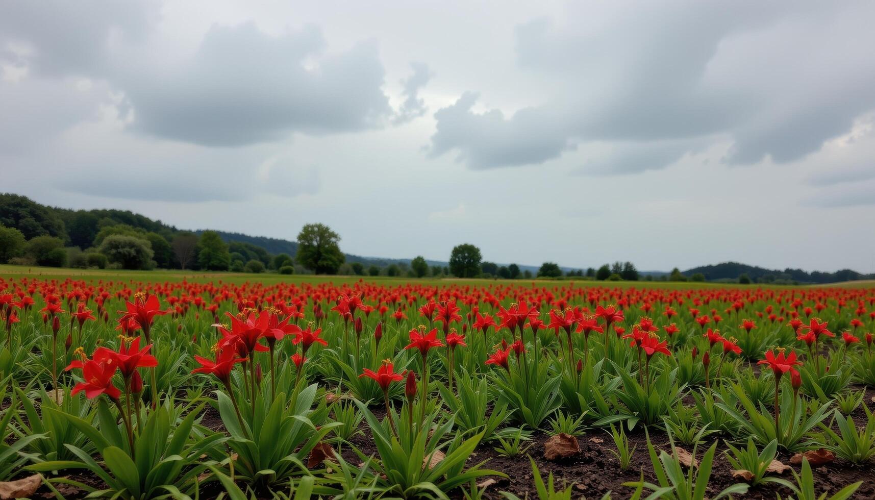 a quiet field after rain where spider lilies rise from the damp soil, their vivid red petals contrasting with the grey clouds. photo