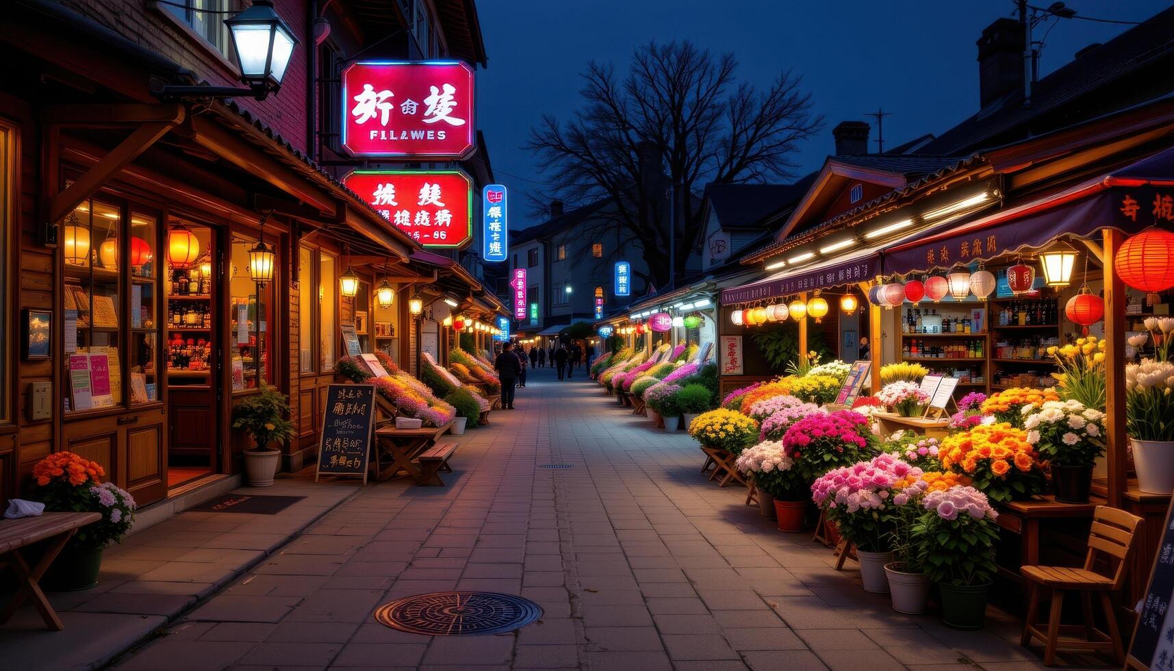 a nighttime flower market scene devoid of people, lit only by warm lanterns and glowing neon signs photo