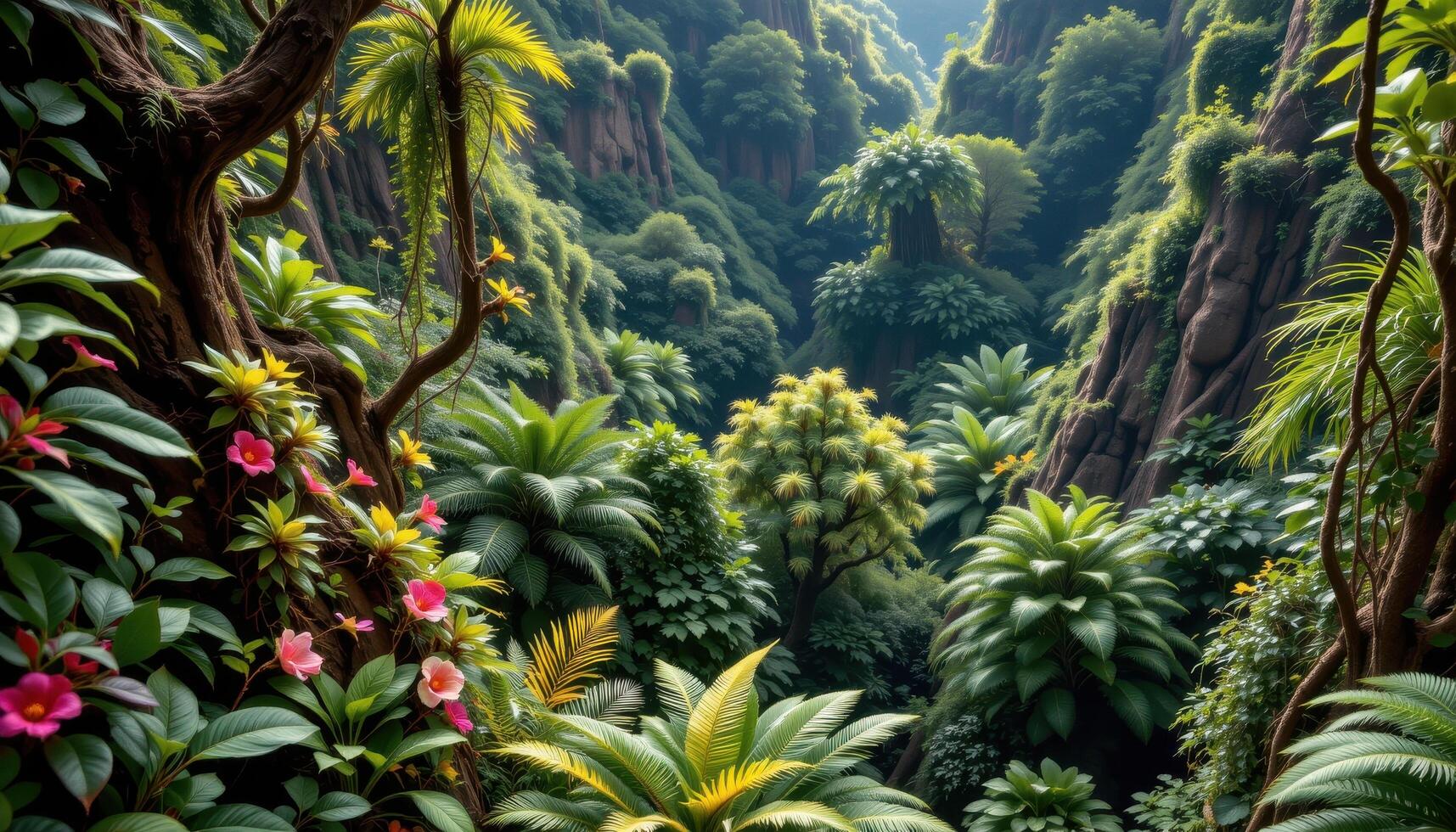 a section of rainforest canopy seen from above, filled with brilliant flowering bromeliads and epiphytes. photo