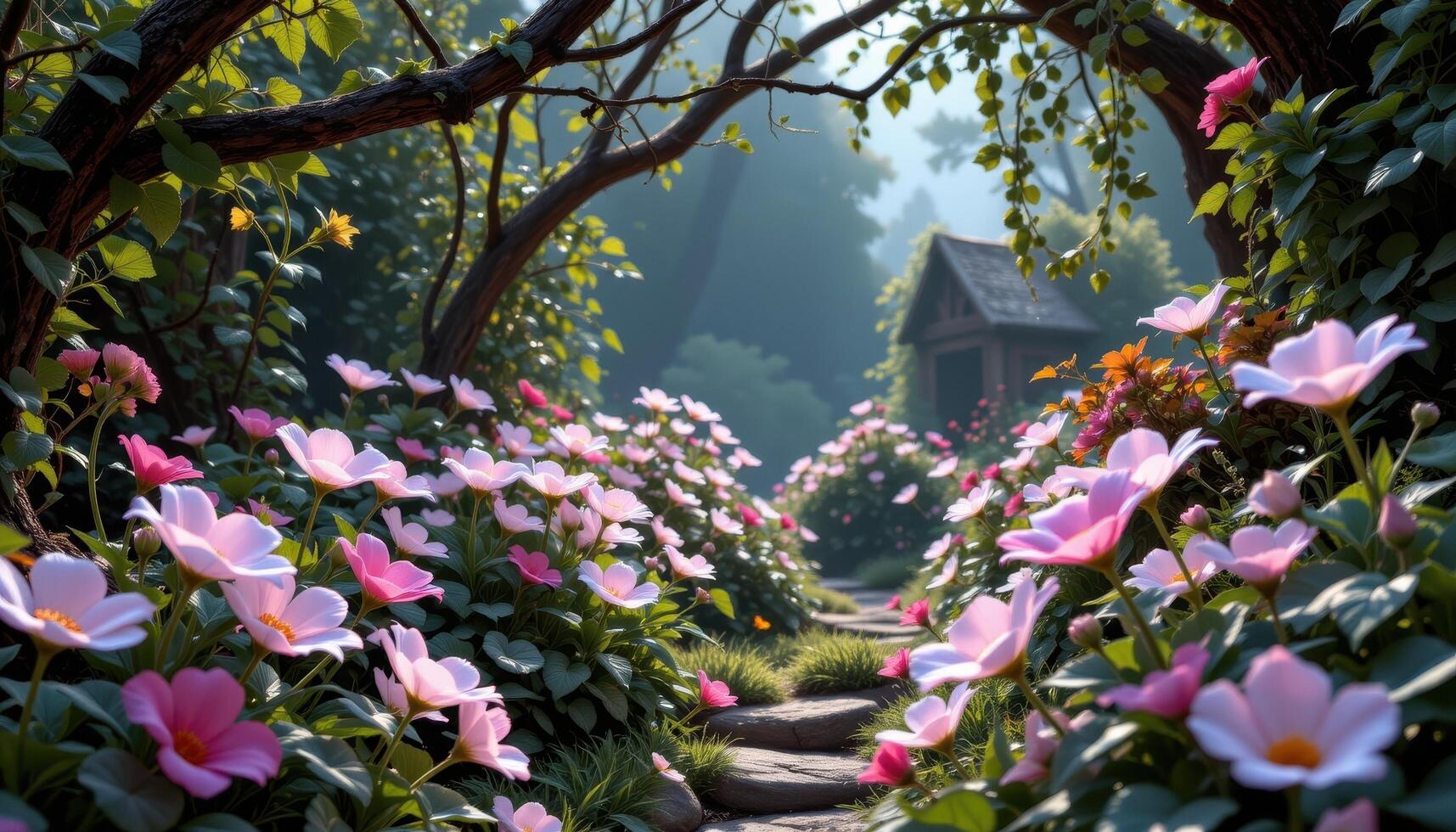 a fantasy glade filled with translucent glass like flowers glowing softly under a canopy of vines. photo