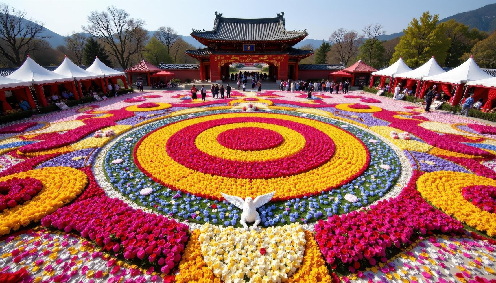 a wide angle view of a spring festival plaza before opening, covered entirely in petals arranged into floral carpets. photo