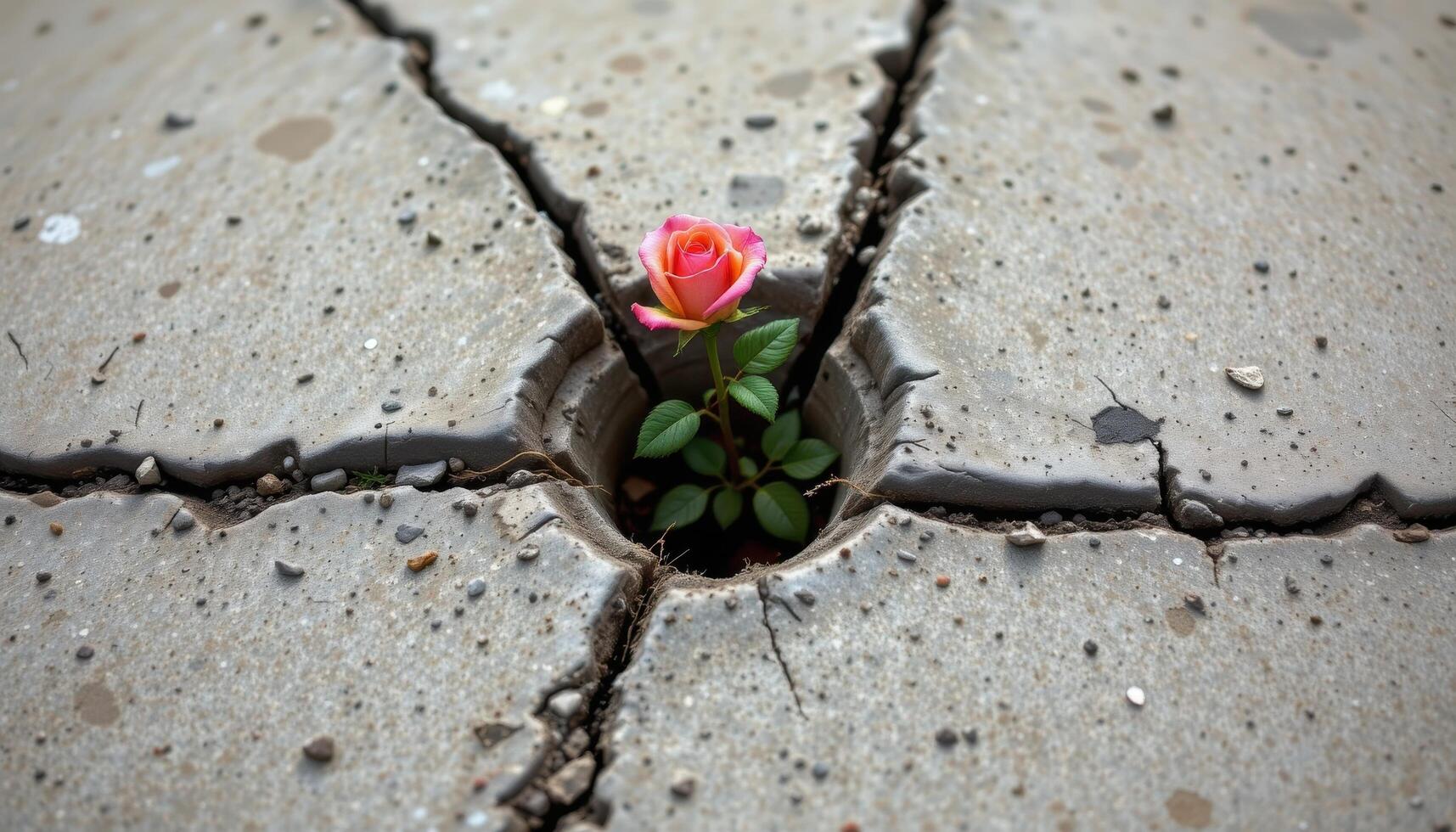 a minimal composition of a single perfect rose in a cracked concrete slab, symbolizing life emerging from desolation. photo