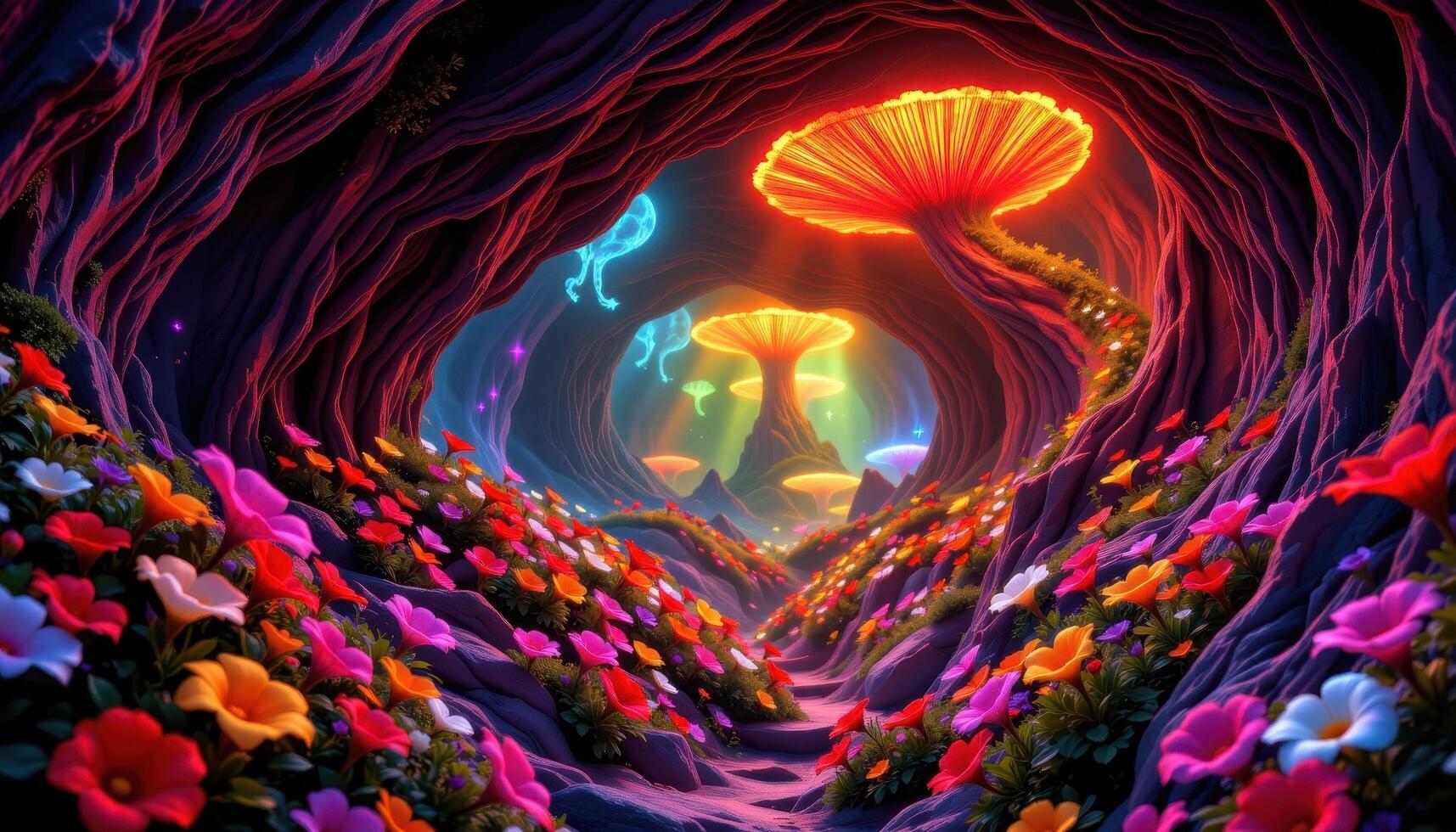 a neon lit cave of hyper saturated flowers blooming under glowing fungal canopies. photo