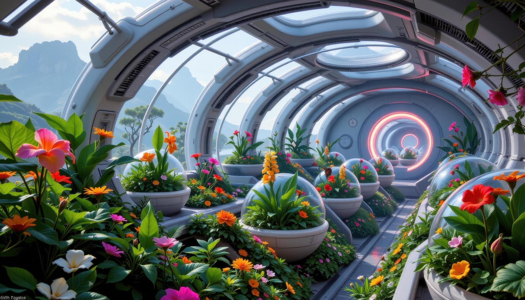 a futuristic botanical spacecraft filled with tropical flowers growing in zero gravity orbs. photo