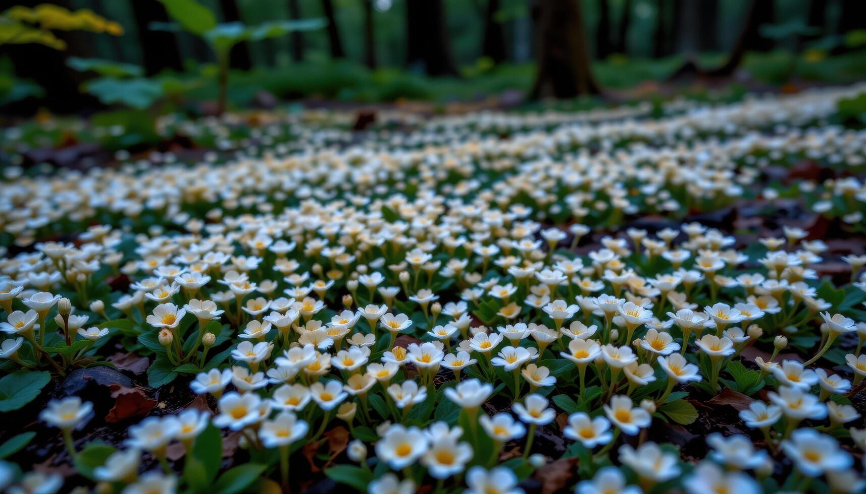 a forest floor carpeted with tiny white blossoms glowing faintly under bioluminescent fungi. photo