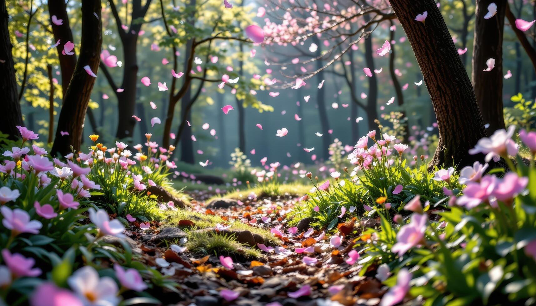 a magical forest clearing where flower petals float mid air, forming patterns that shift like wind. photo