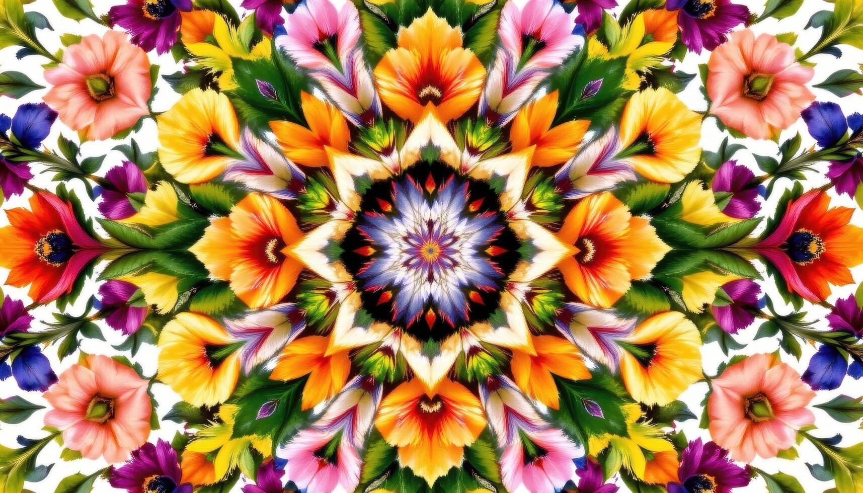 a symmetrical kaleidoscope design made entirely of exotic flower species from around the world. photo
