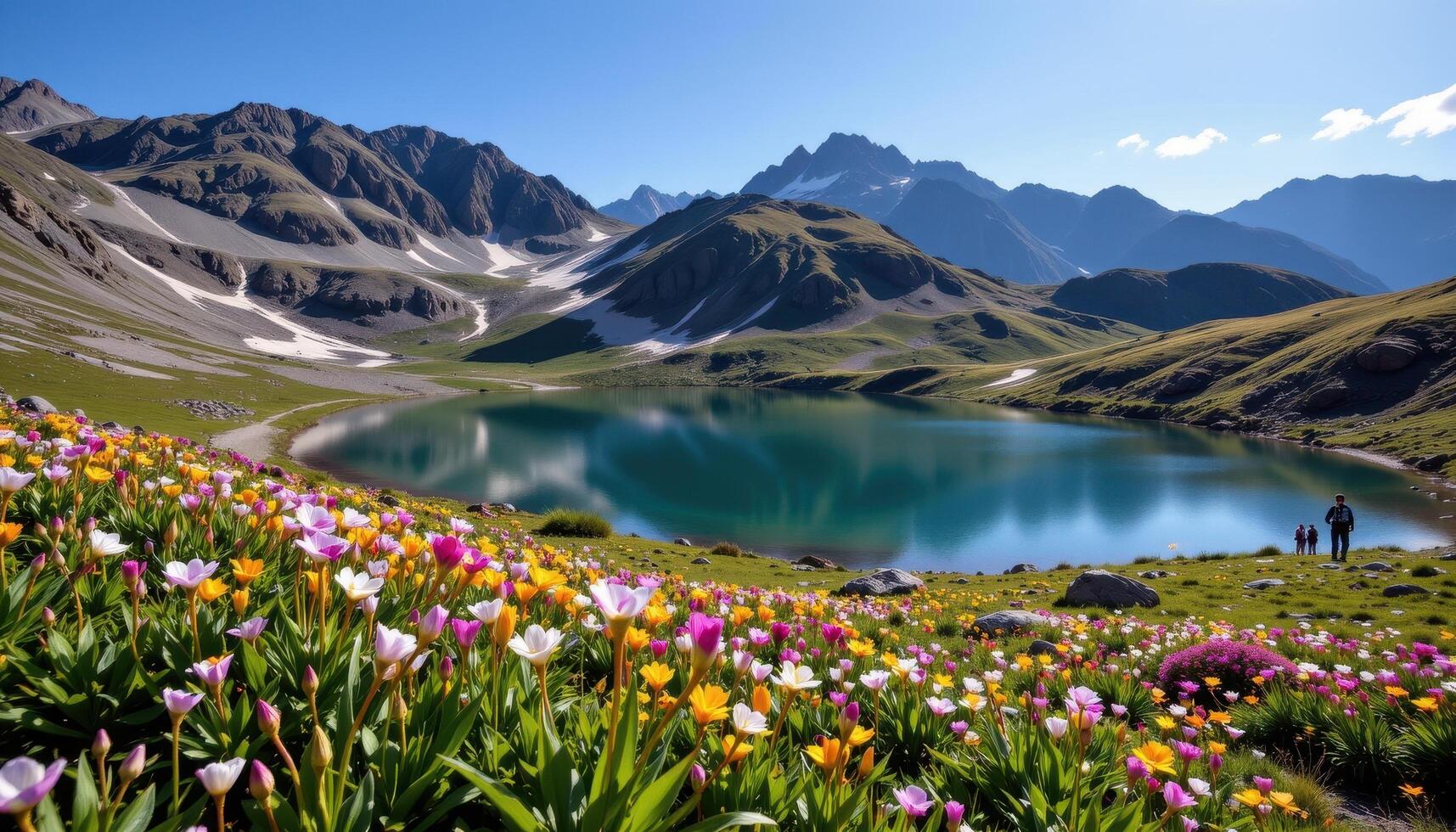 a small alpine lake surrounded by rare blooming plants that only flower once a decade, captured at their peak. photo
