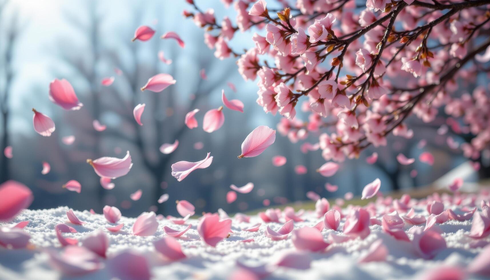 a surreal scene where time stands still, and petals are frozen mid air as if suspended in an eternal breeze. photo