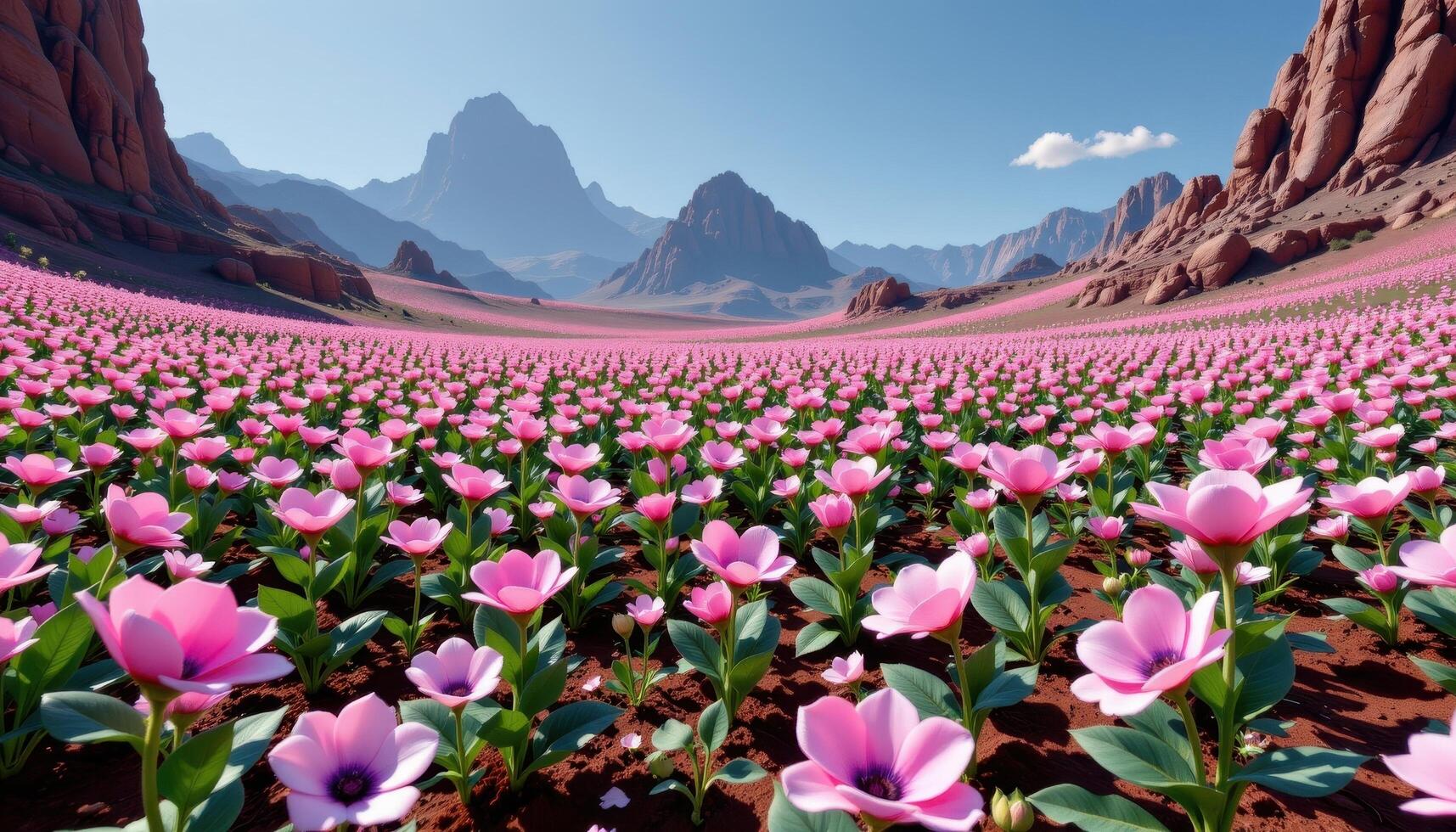 a surreal field of geometric, fractal like flowers growing in repeating patterns across an alien landscape. photo