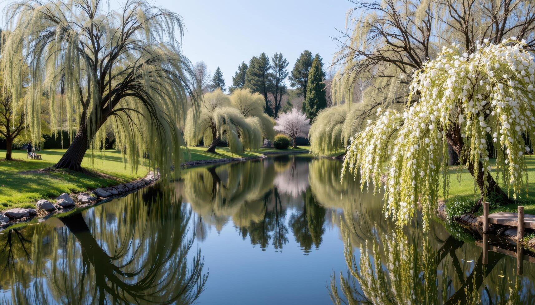 a reflective lake encircled by weeping willow trees in bloom, their petals trailing along the water's edge. photo